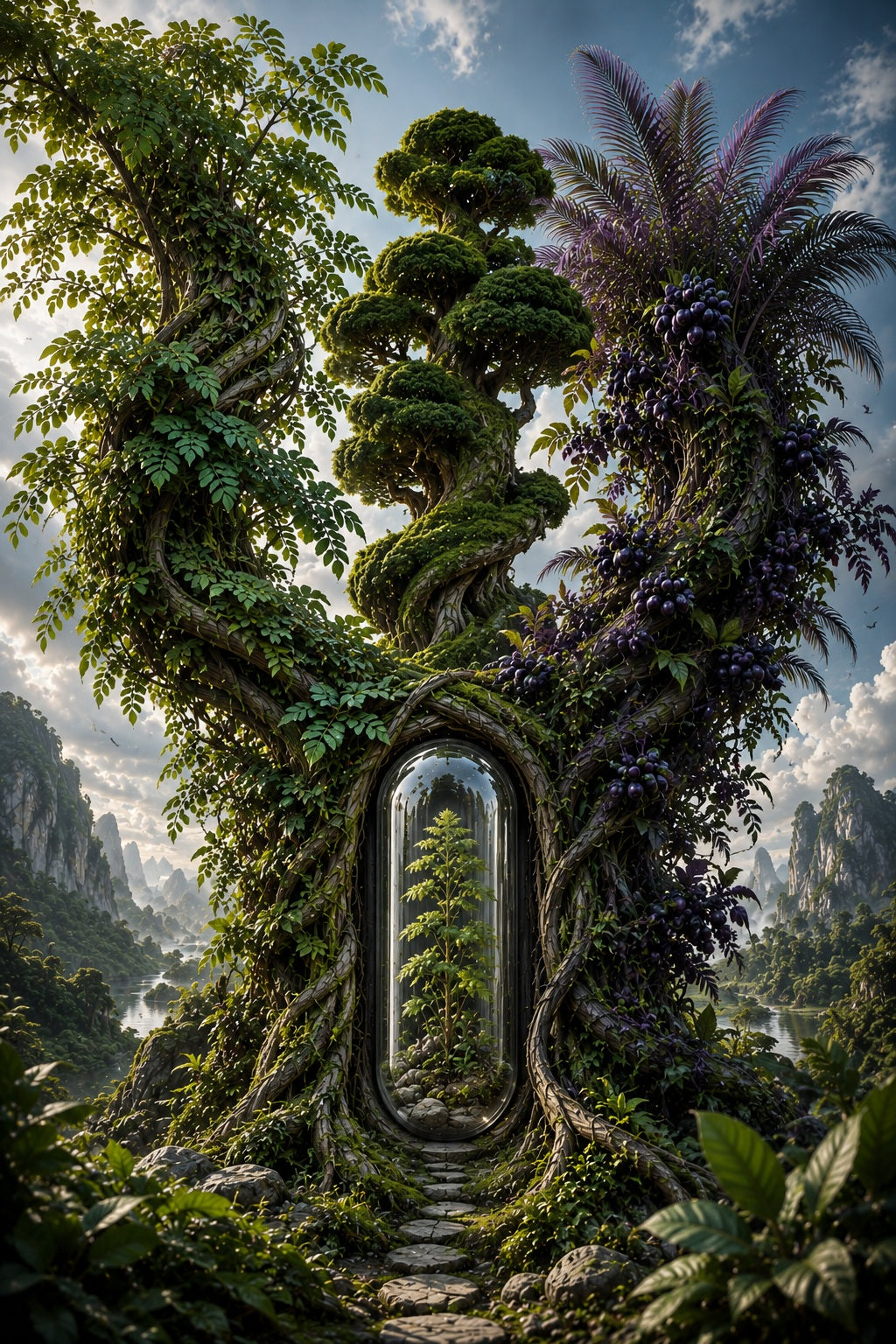 Majestic landscape with a mystical forest archway and mountainous background. Organic Moringa, Matcha & Acai Capsules | Verdant Trilogy