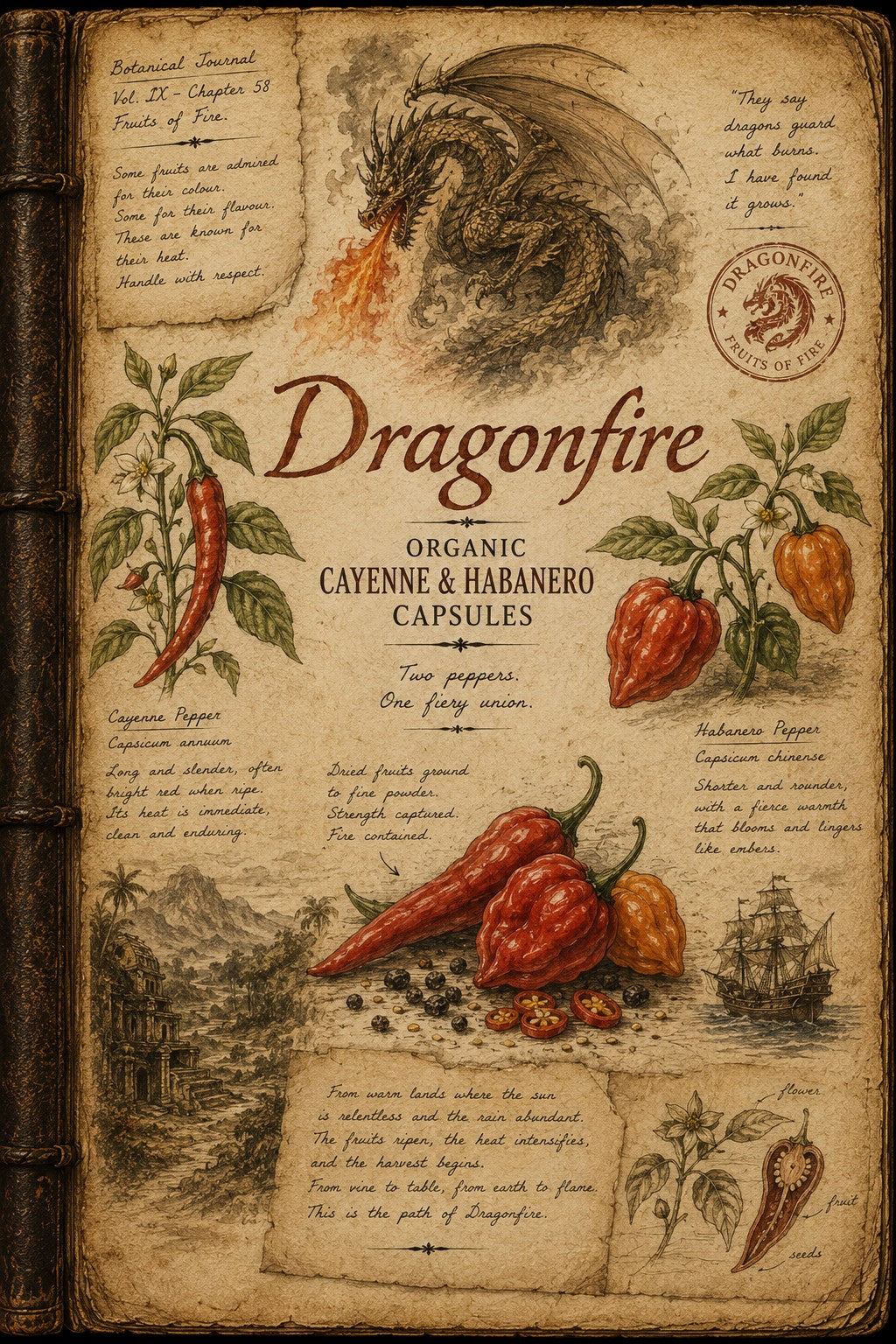Vintage-style illustrated book page titled 'Dragonfire' showing pepper illustrations, handwritten notes, and a circular 'Dragonfire' seal on aged parchment.