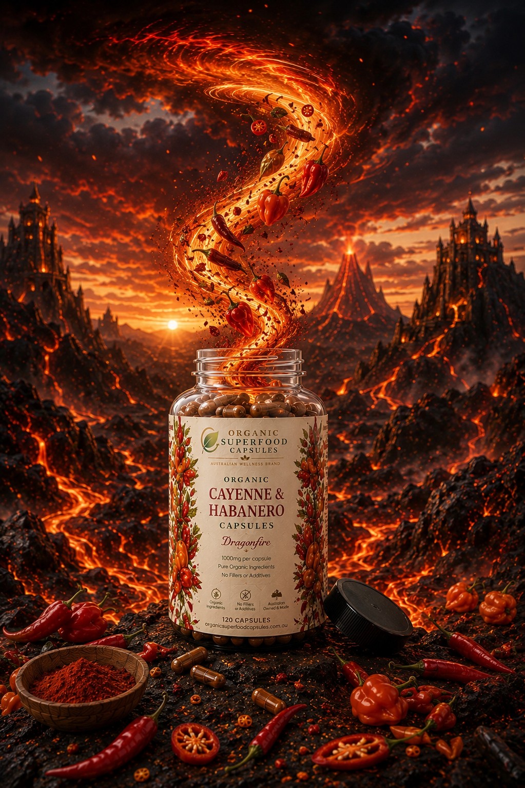 A jar of Organic Superfoods Capsules, specifically Cayenne & Habanero, is shown in a dramatic, fiery volcanic landscape. A swirling column of intense orange and red heat rises from the open jar, while scattered red chili peppers and spices adorn the dark, rocky ground.