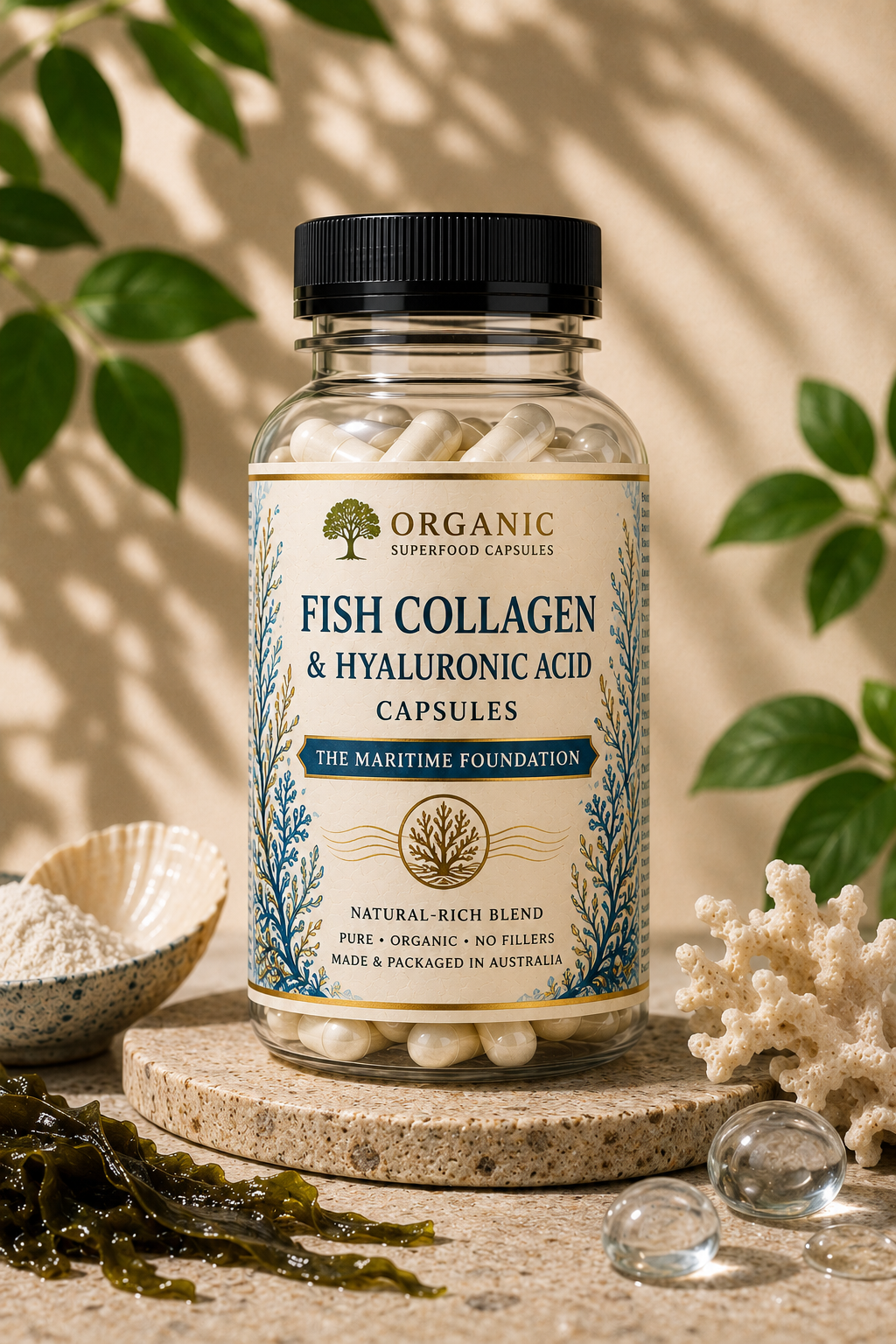 Bottle of Organic Fish Collagen & Hyaluronic Acid Capsules with natural elements in the background. Ok, it looks like I also need Hero Image 1 also for this product