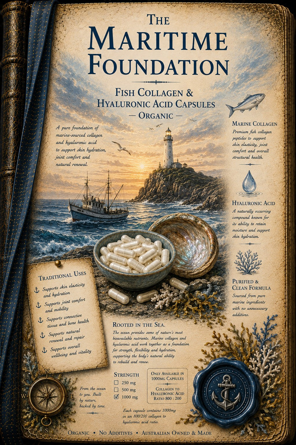 A vintage-style illustrated product card for The Maritime Foundation Fish Collagen & Hyaluronic Acid Capsules Organic. The design features a nautical scene with a lighthouse, ship, anchor, and sea urchin, alongside text panels detailing traditional uses, ingredients, and a comparison chart.