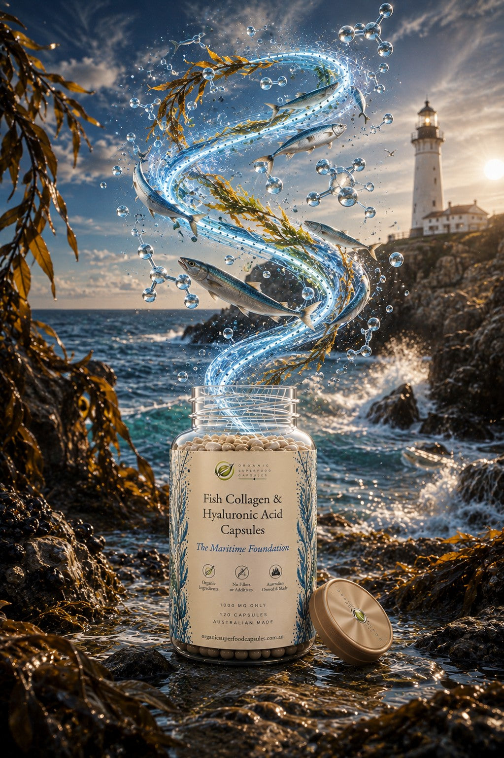 A clear supplement jar labeled 'Fish Collagen & Hyaluronic Acid Capsules' sits on rocky ocean shore with seaweed, a lighthouse in the background, and a swirling blue water-and-bubble effect rising from the container.