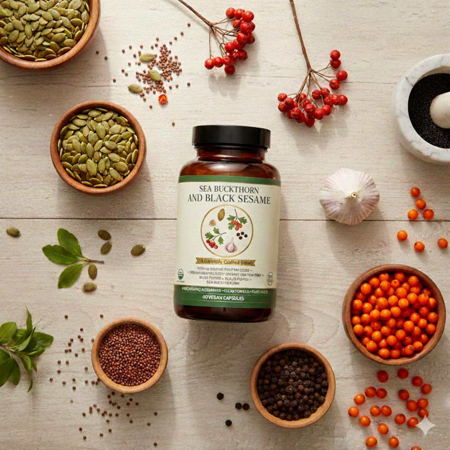 Black Sesame and Sea Bukthorn in a bottle