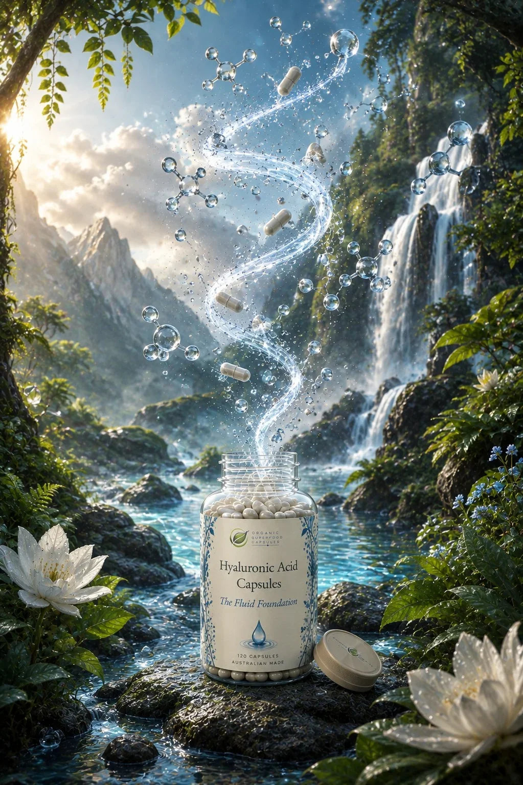A bottle of Hyaluronic Acid Capsules for skin foundation lies on a rocky stream, with a small candle beside it. A swirling stream of clear capsules and bubbles rises from the bottle into a lush, fantasy-like landscape with waterfalls, mountains, flowers, and green foliage.