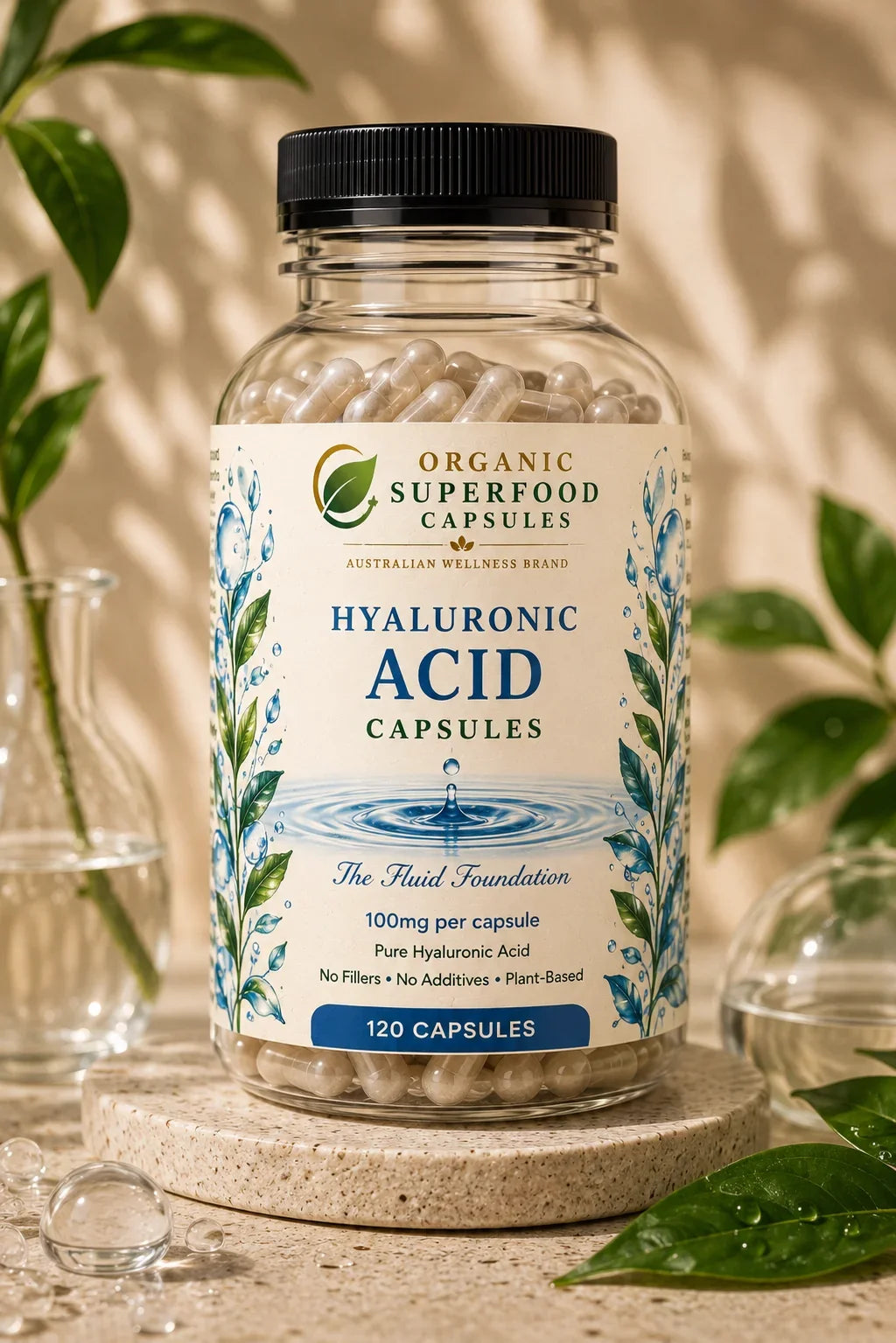 Bottle of Organic Superfood Capsules Hyaluronic Acid on a neutral background with leaves.