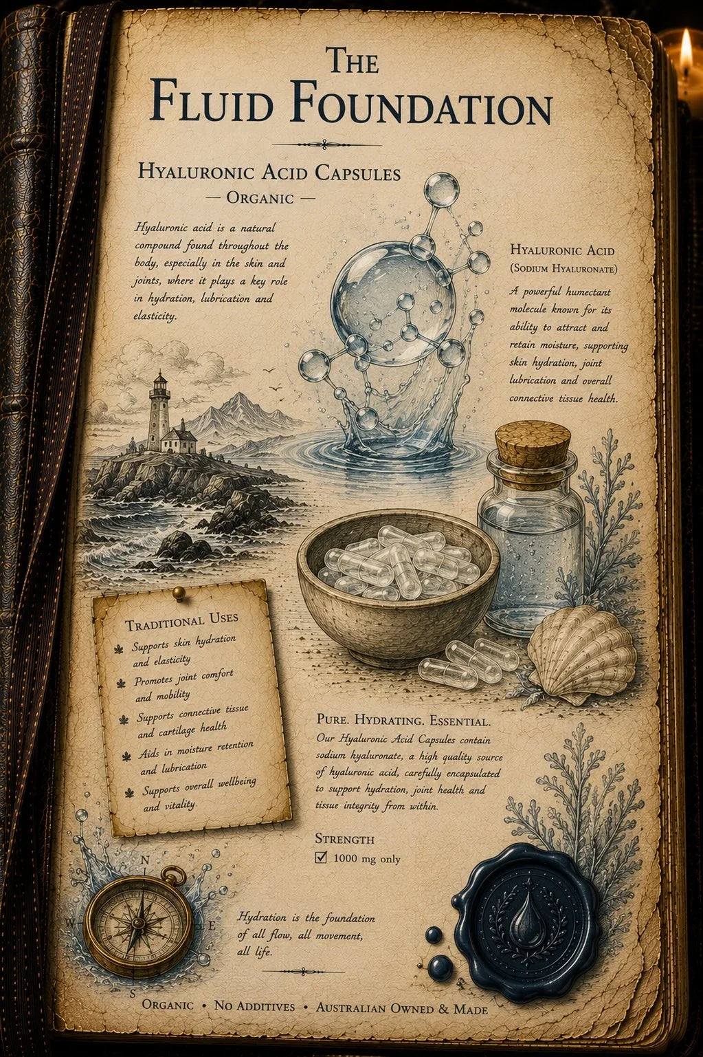 Vintage-style illustrated product card for 'The Fluid Foundation' hyaluronic acid capsules, featuring aged parchment text, a glass bottle with a cork stopper, a shell, a lighthouse illustration, and a dark blue wax seal on a dark background.
