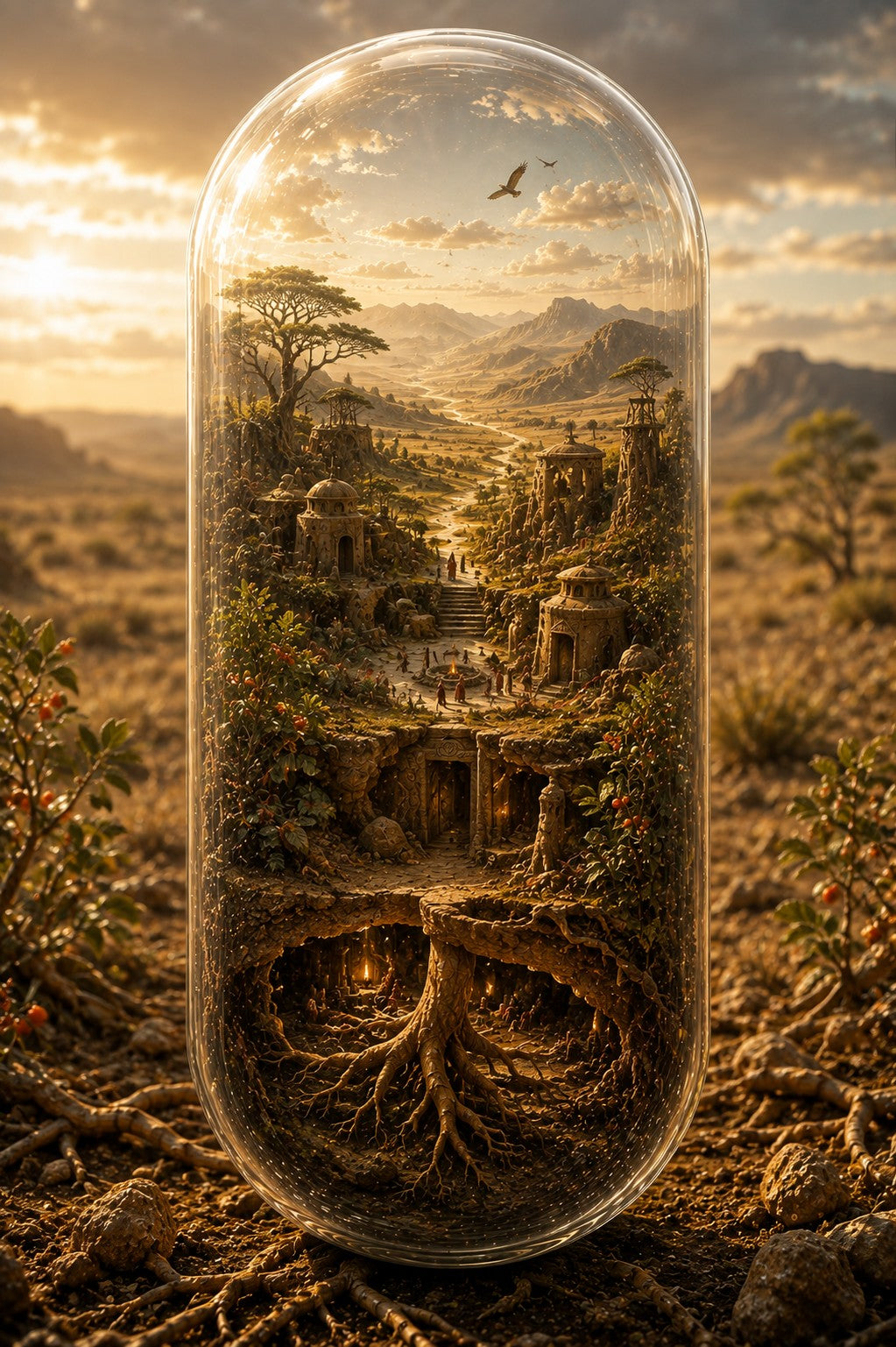 A clear capsule-shaped glass container sits on a rocky desert surface, containing a miniature fantasy landscape with stone ruins, trees, mountains, and roots reflected below. The background is a matching desert scene at sunset.