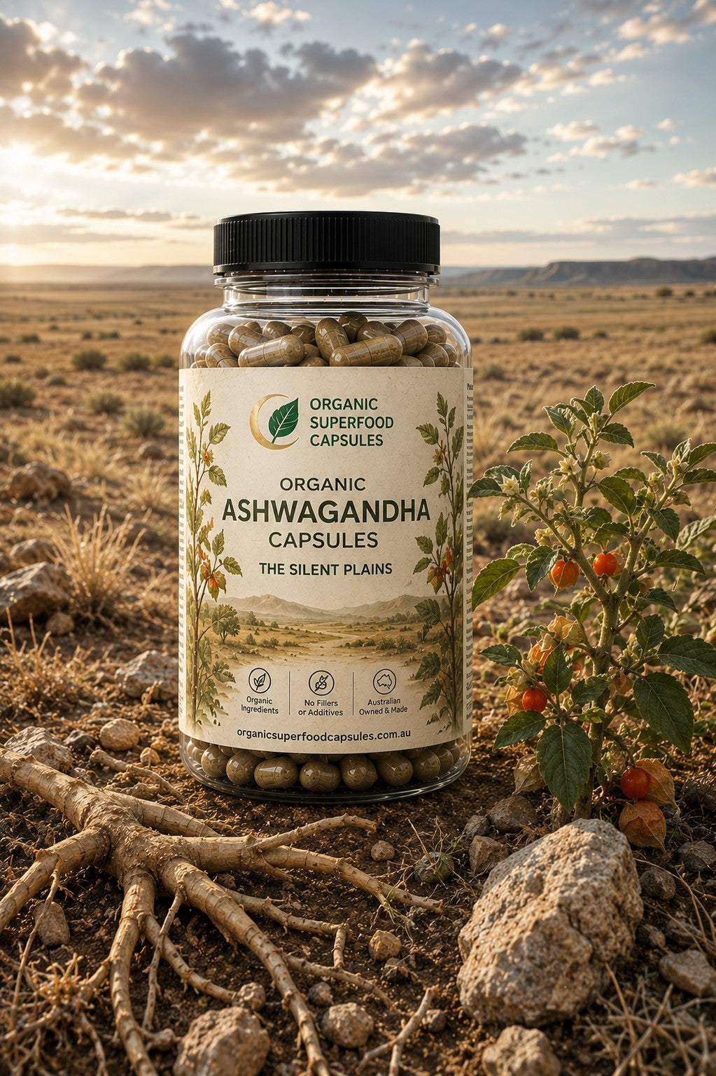 A bottle of Organic Ashwagandha Capsules stands outdoors on rocky ground with roots and a plant in the foreground, set against a dry grassy landscape at sunset. The bottle has a black cap and a cream label with green and brown botanical illustrations.