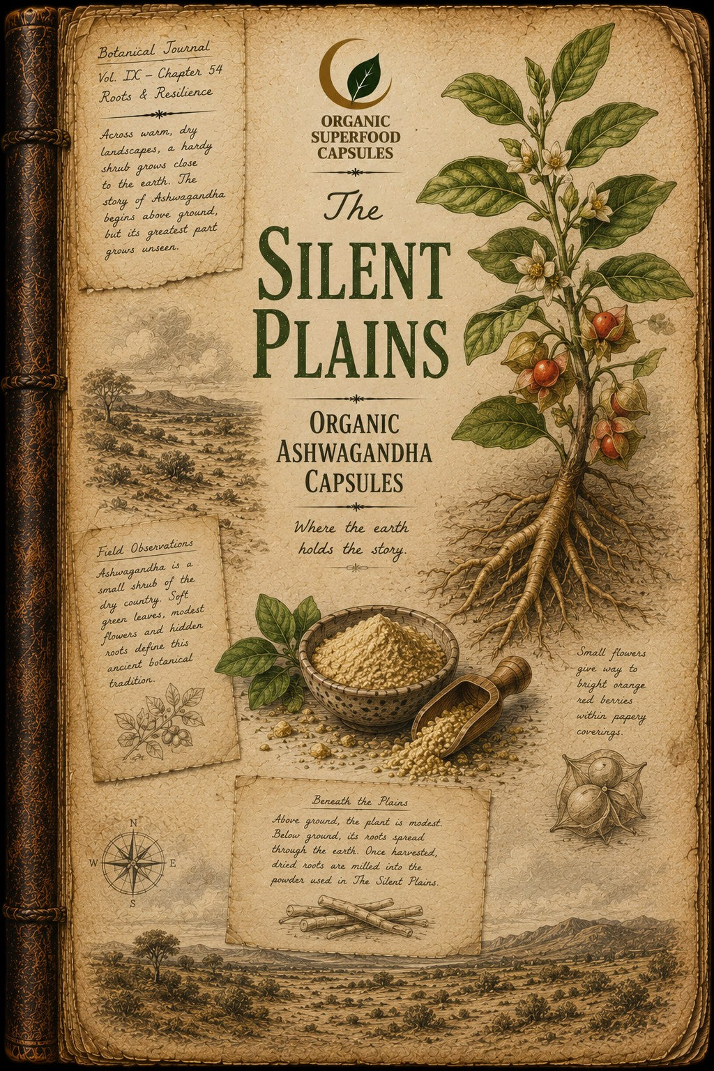 A vintage-style illustrated book cover titled "The Silent Plains" with aged parchment pages, botanical drawings of a plant with green leaves and small red fruits, a bowl of beige capsules, and decorative text. No person, animal, or real environment is present, so this is Product/Packaging rather than Lifestyle.