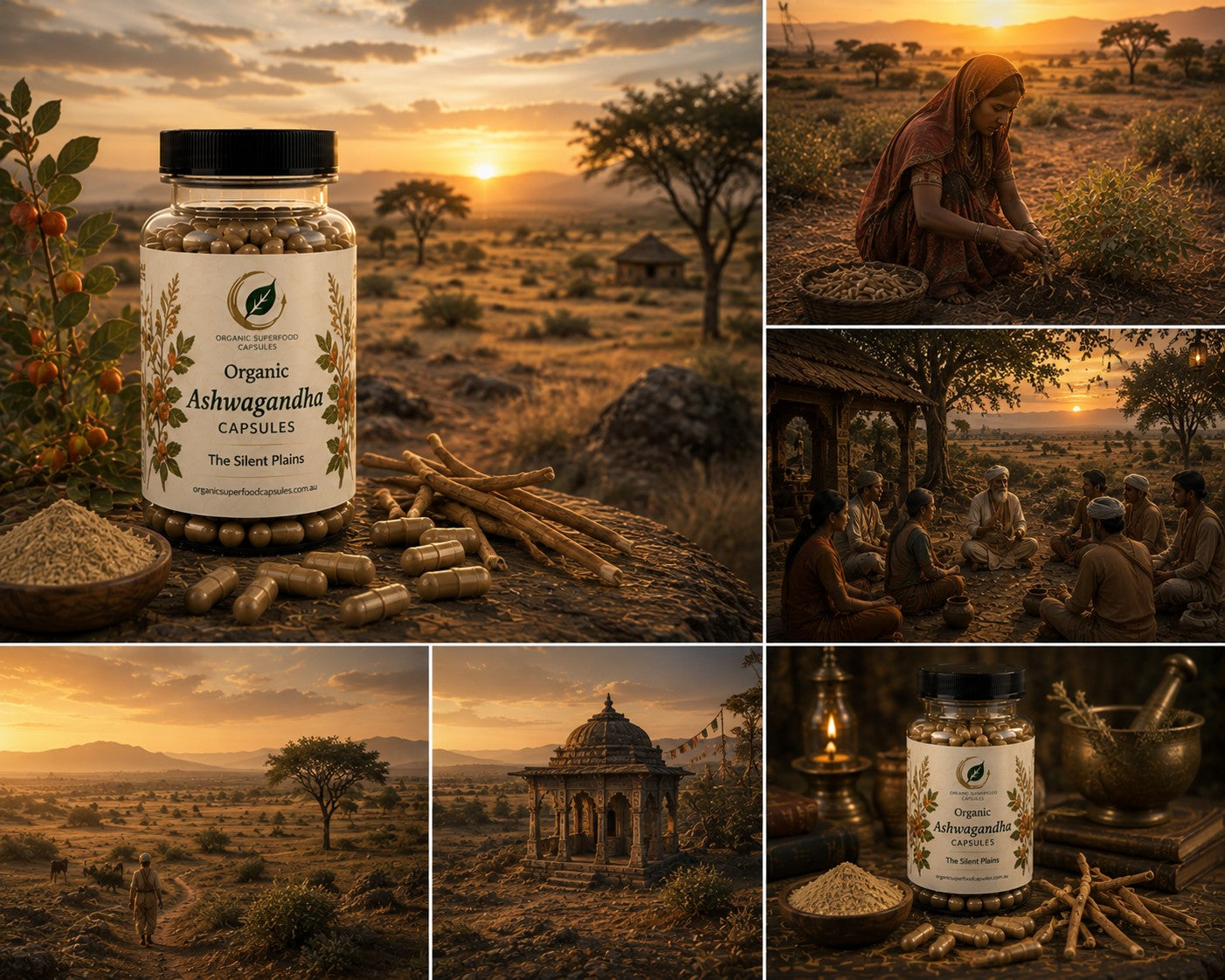 A collage of six warm-toned scenes featuring a bottle of Organic Ashwagandha Capsules, with capsules, powder, and dried roots arranged in outdoor desert and rustic settings at sunset. The main product bottle appears in the lower-left panel, while other panels show lifestyle contexts including people preparing ingredients, a campfire scene, and a pavilion in the landscape.