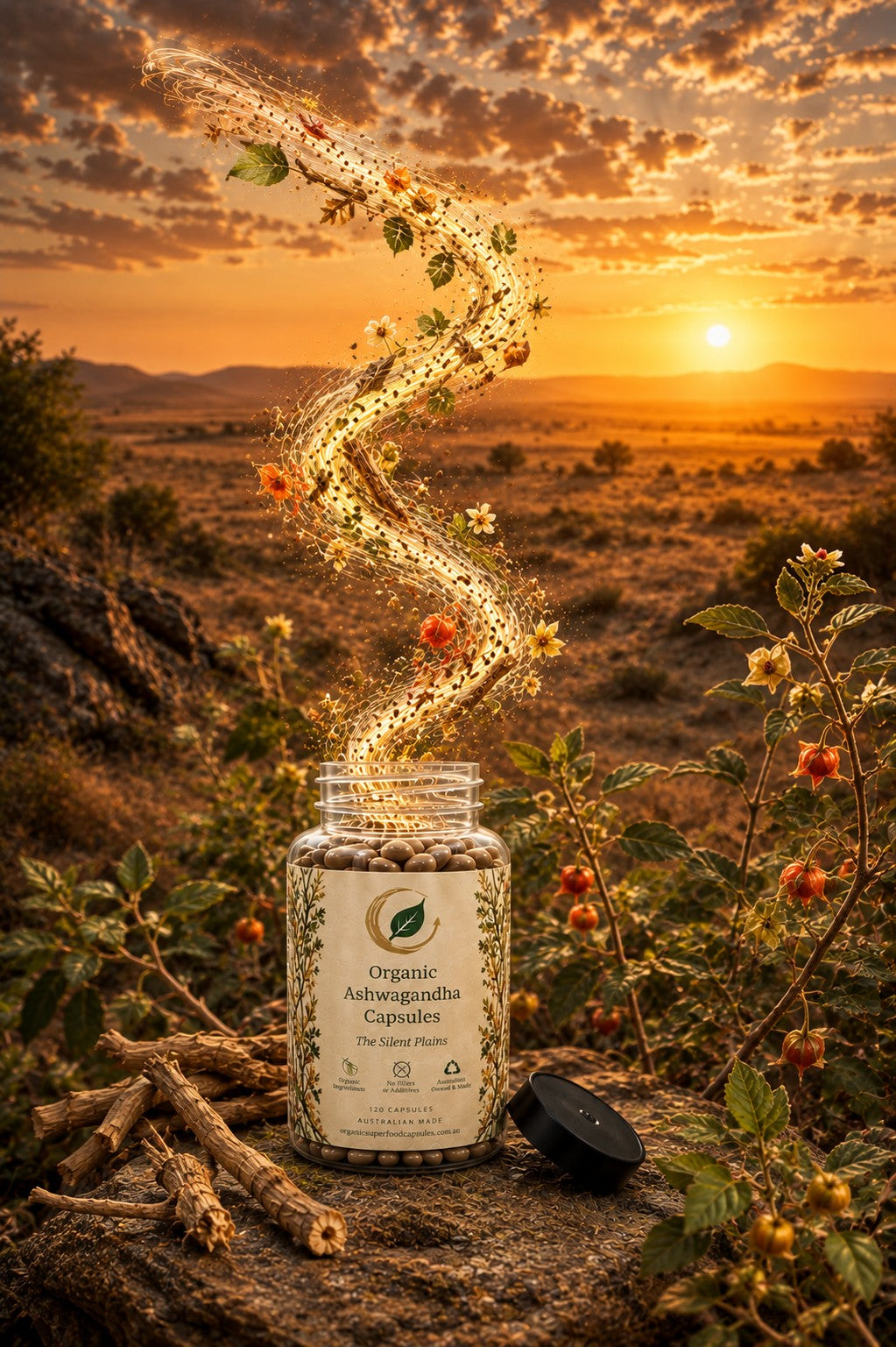 A jar of Organic Ashwagandha Capsules sits outdoors on a log in a desert landscape at sunset, with a swirling cloud of golden powder and dried flowers rising from the open jar. The black lid rests beside the jar.