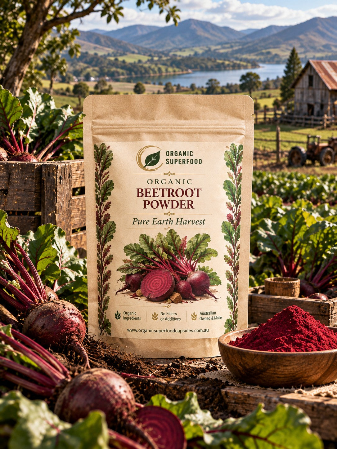 A stand-up pouch of Organic Beetroot Powder stands on a rustic wooden surface outdoors, surrounded by fresh beetroots, green leaves, and a small bowl of bright red powder. A blurred farm landscape with hills, water, and a house appears in the background.