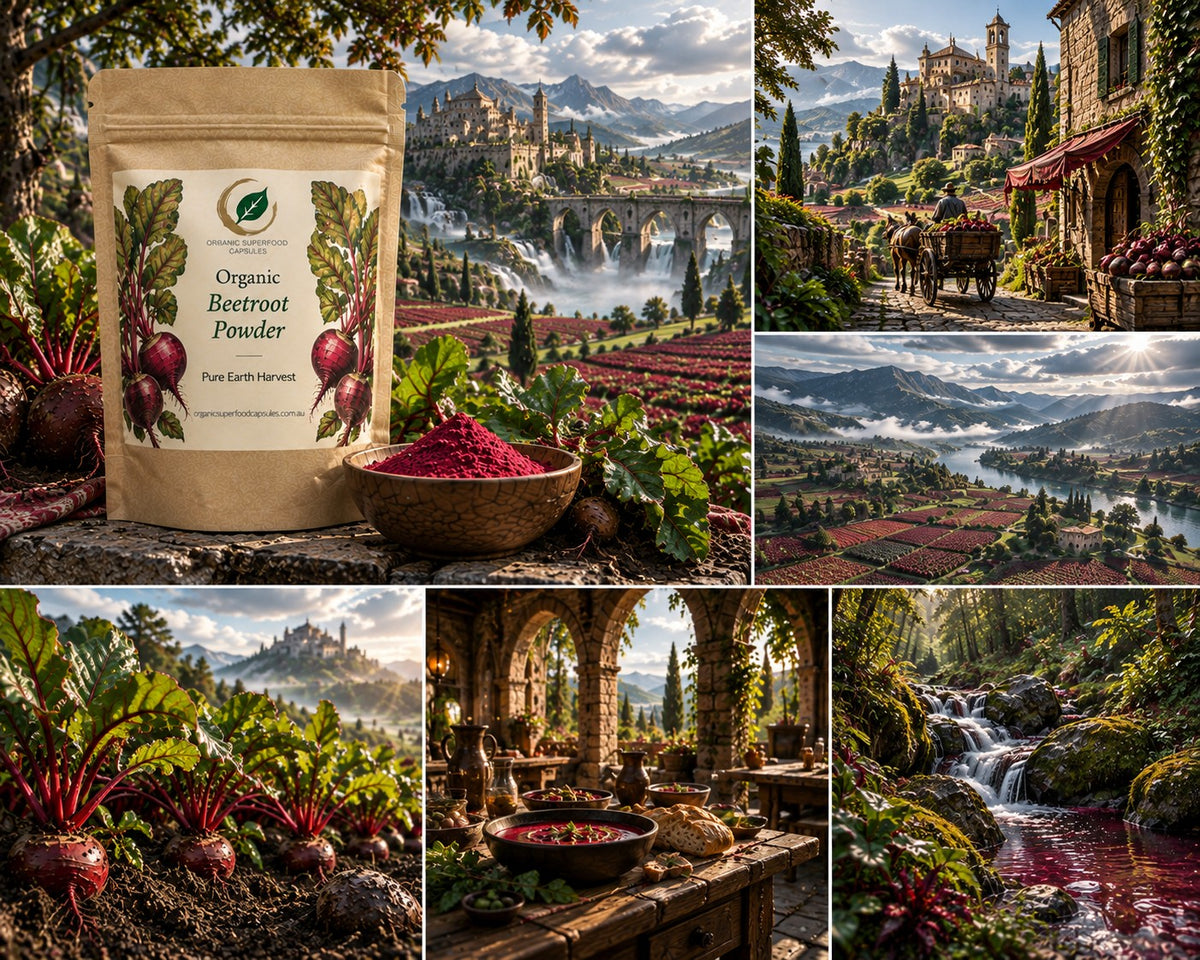 A collage featuring a stand-up pouch of organic beetroot powder alongside a bowl of bright red powder, surrounded by scenic photos of beetroots in the ground, a castle over a lake, a vineyard, an ancient stone interior, and a mountain stream.