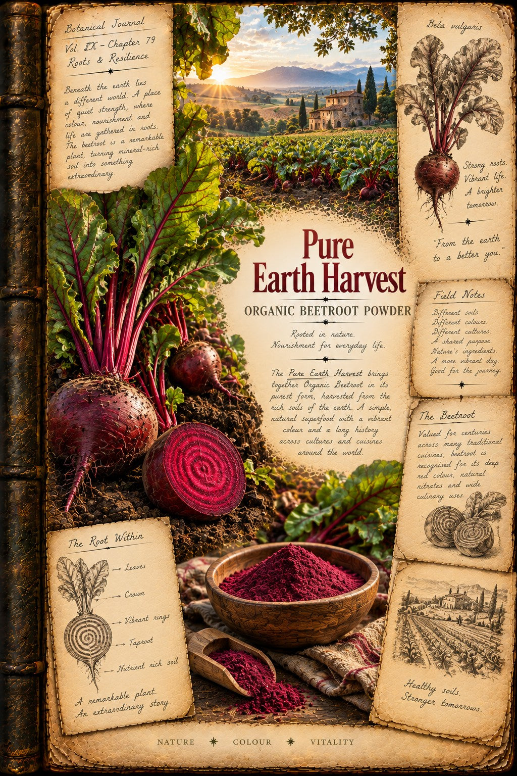 A styled product graphic for 'Pure Earth Harvest' Organic Beetroot Powder. The design features fresh red beets, a sliced beetroot, a wooden bowl filled with the deep red powder, and various aged parchment-style labels with botanical illustrations and text, all arranged around a central rustic landscape of a beetfield at sunset.