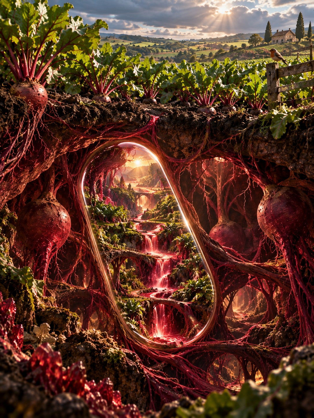 A surreal fantasy landscape artwork showing a glowing oval portal or frame set within a root-like garden, with beet-like tubers, leafy greens, red vines, waterfalls, and a sunlit countryside scene in the background.