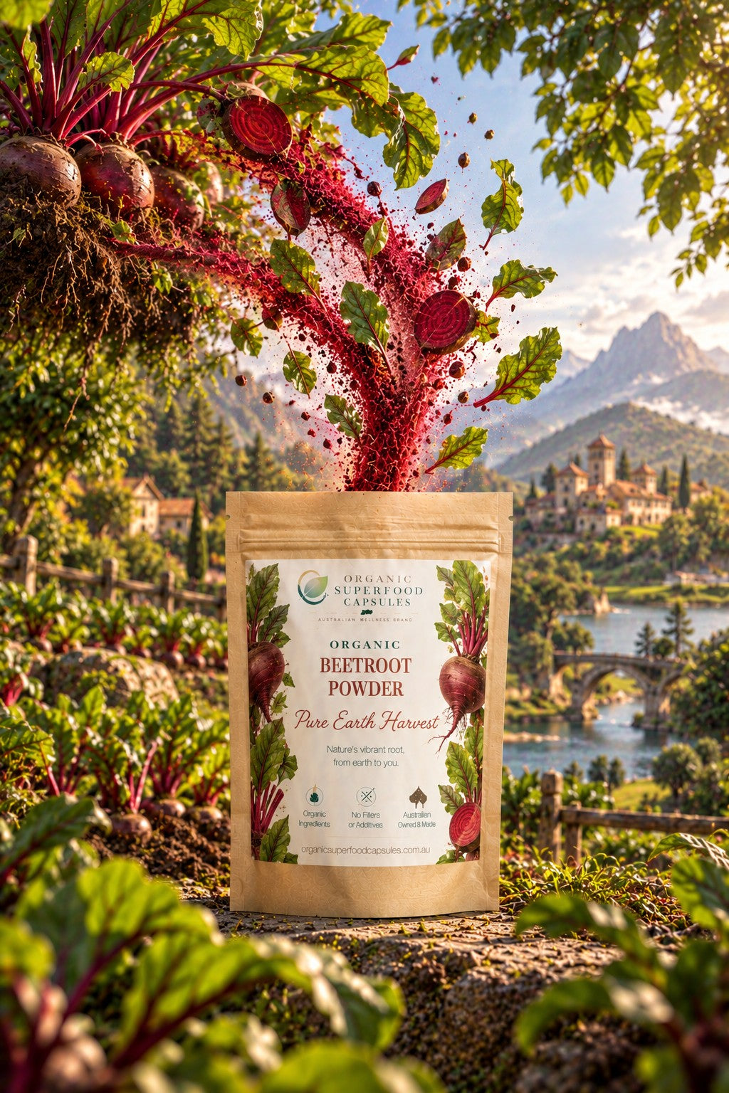 A stand-up pouch of Organic Beetroot Powder stands outdoors in a garden with beet plants, mountains, and water in the background. Beetroot powder is shown splashing out of the top of the pouch in vivid red powder.