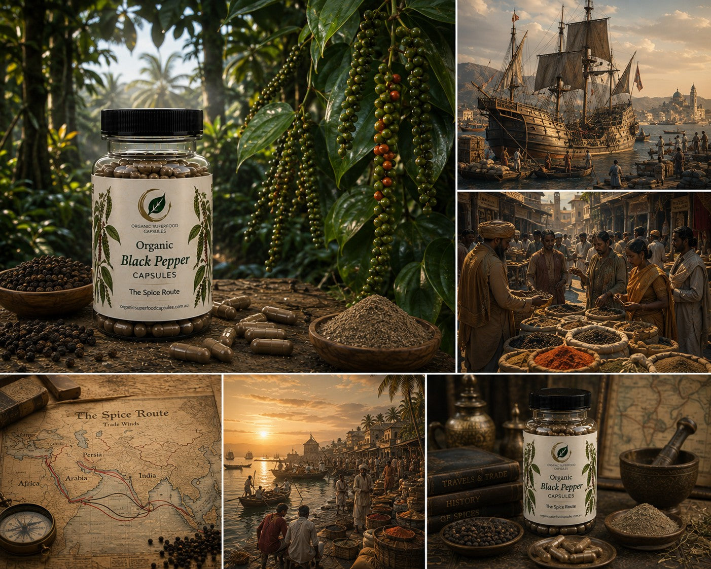 A collage featuring a jar of Organic Black Pepper capsules, whole black peppercorns, and ground pepper, surrounded by thematic historical and botanical imagery including a ship, spice market, map, and pepper plants.