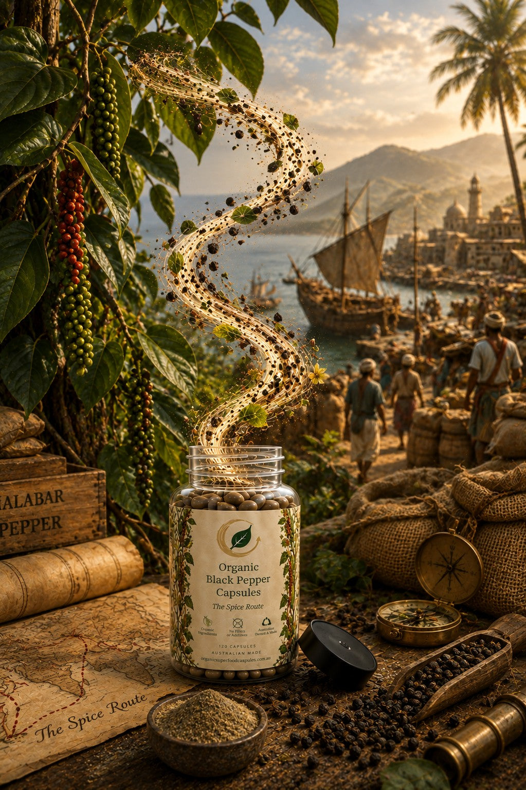 A jar of Organic Black Pepper Capsules sits on a rustic wooden table surrounded by spices, a map, and a vintage compass, with a swirling trail of pepper capsules rising toward a scenic coastal city and shipwreck backdrop.
