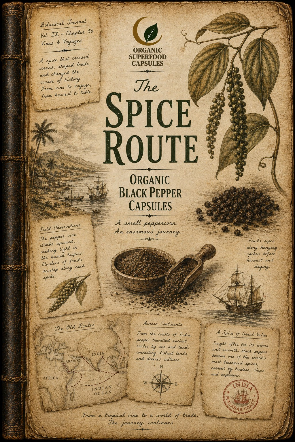 A vintage-style illustrated book cover titled "The Spice Route" with the subtitle "Organic Black Pepper Capsules." The cover features aged parchment tones, botanical illustrations of black pepper plants and berries, a bowl and scoop of peppercorns, ships, maps, and handwritten notes.