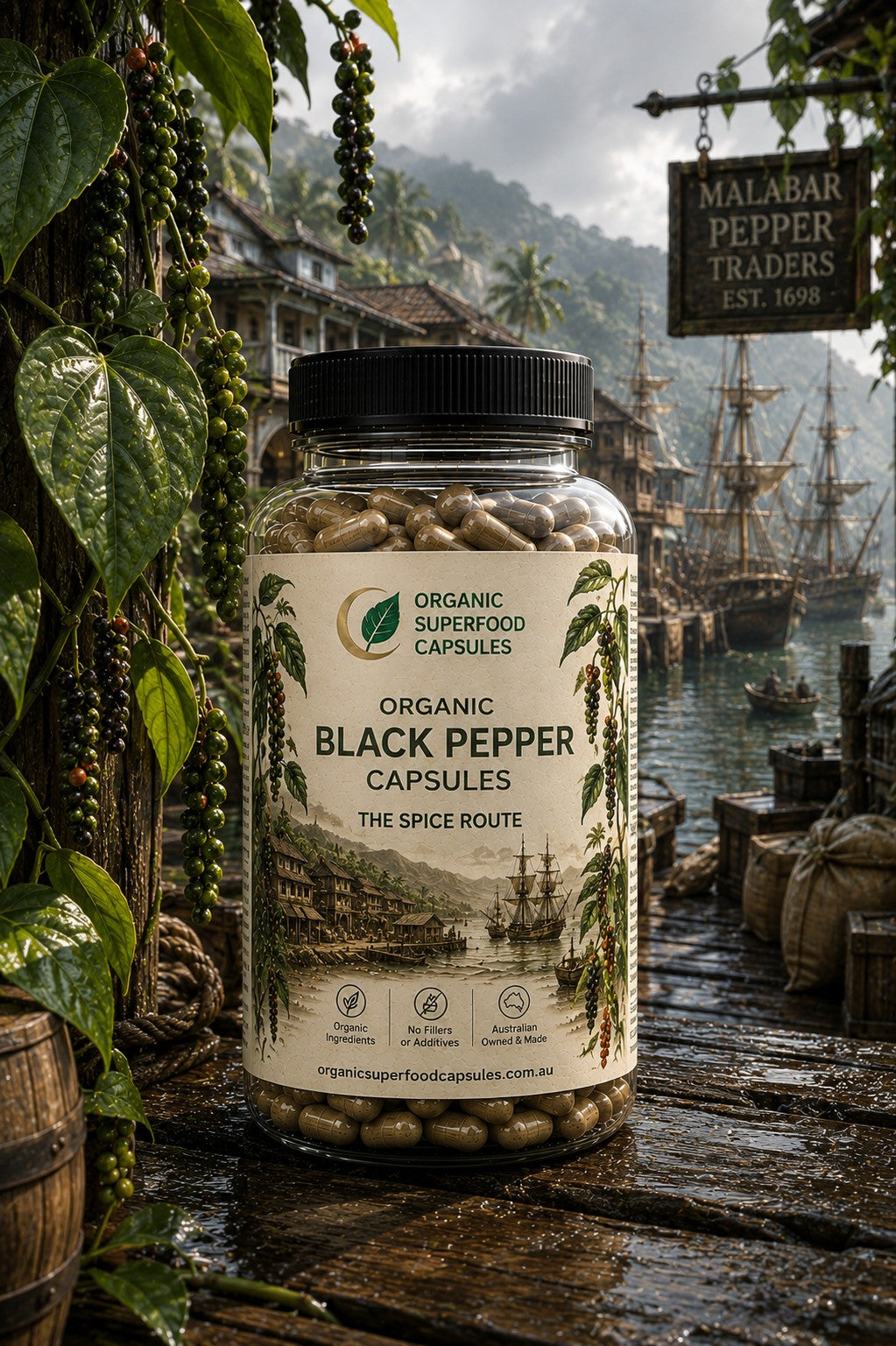 A large clear plastic bottle of Organic Black Pepper Capsules stands on a wooden dock in front of a tropical harbor scene with ships, boats, and hanging greenery. The label reads 'Organic Superfood Capsules' and 'Organic Black Pepper Capsules: The Spice Route.