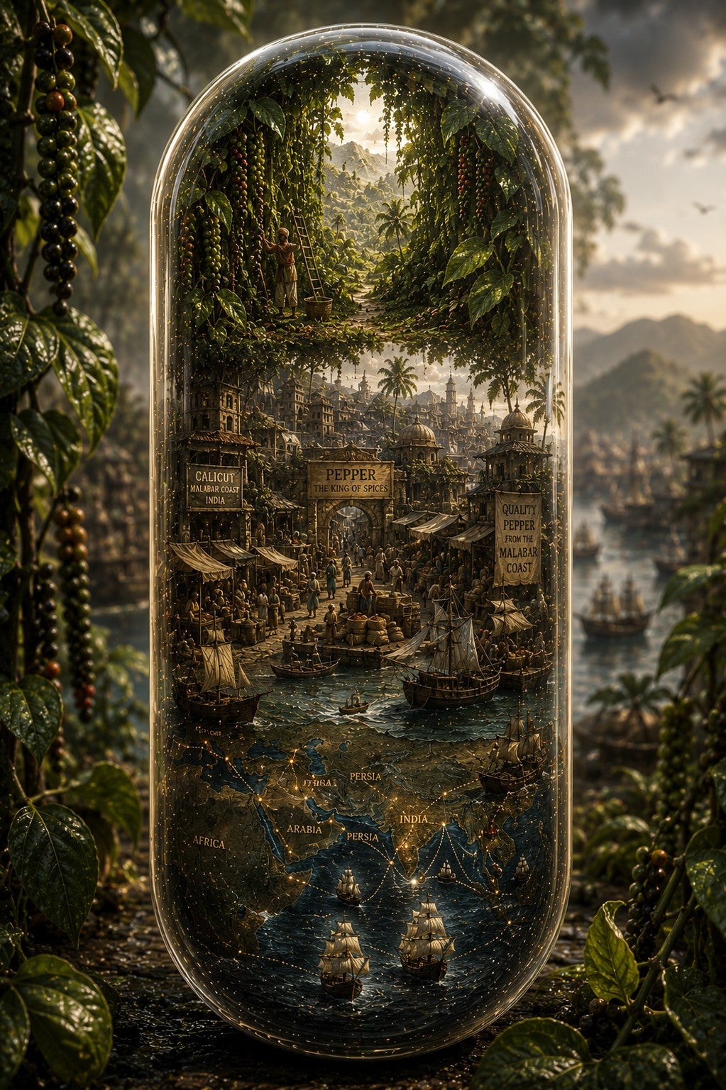 A large, vertically oriented oval glass jar or capsule filled with a miniature detailed cityscape scene featuring ships, water, buildings, and hanging vines, photographed among dense green foliage outdoors.