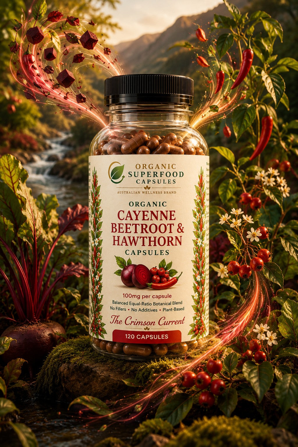 A bottle of Organic Superfood Capsules labeled 'Cayenne Beetroot & Hawthorn Capsules' is centered against a lush garden scene with red peppers, berries, and green foliage. Magical glowing orange and gold swirls rise around the bottle.