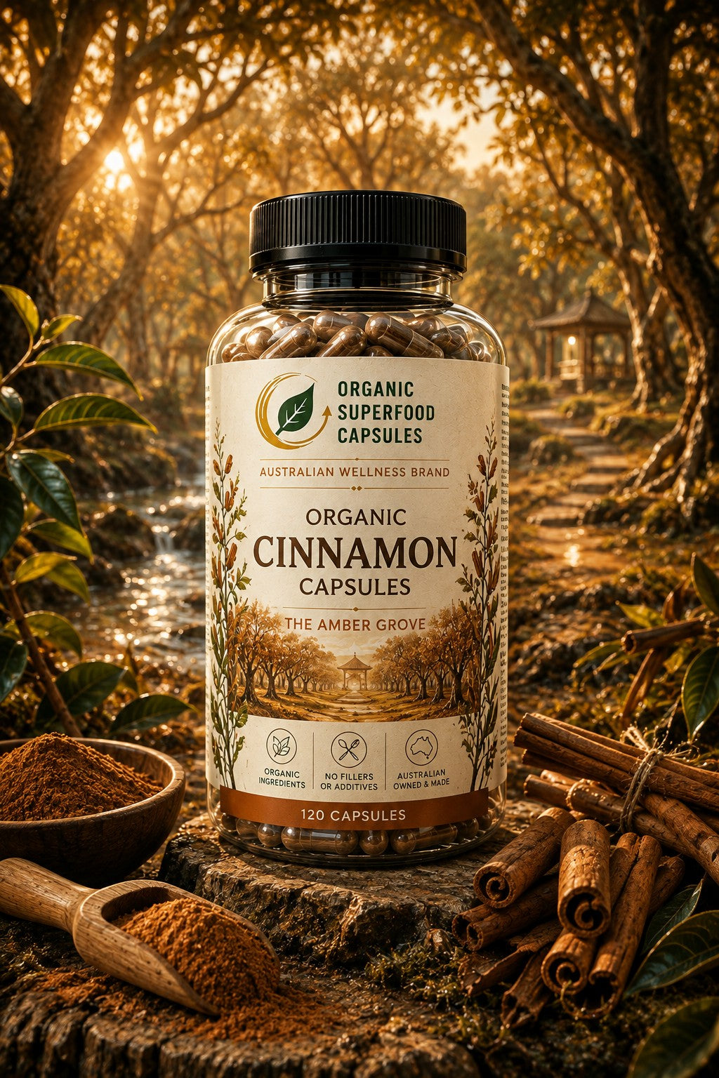 A bottle of Organic Cinnamon Capsules stands on a tree stump outdoors, surrounded by cinnamon sticks, a wooden spoon of powder, and a bowl of powder. The background shows a sunlit forest path with trees and a stream.