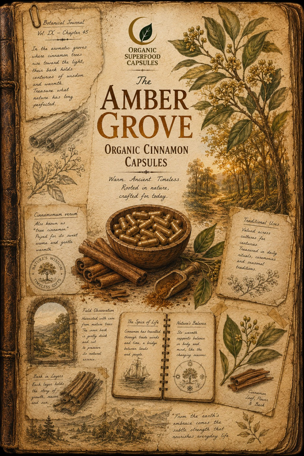Vintage-style book cover for 'The Amber Grove Organic Cinnamon Capsules' featuring illustrated cinnamon sticks, leaves, handwritten notes, and a central bowl of cinnamon pieces on an aged parchment background.