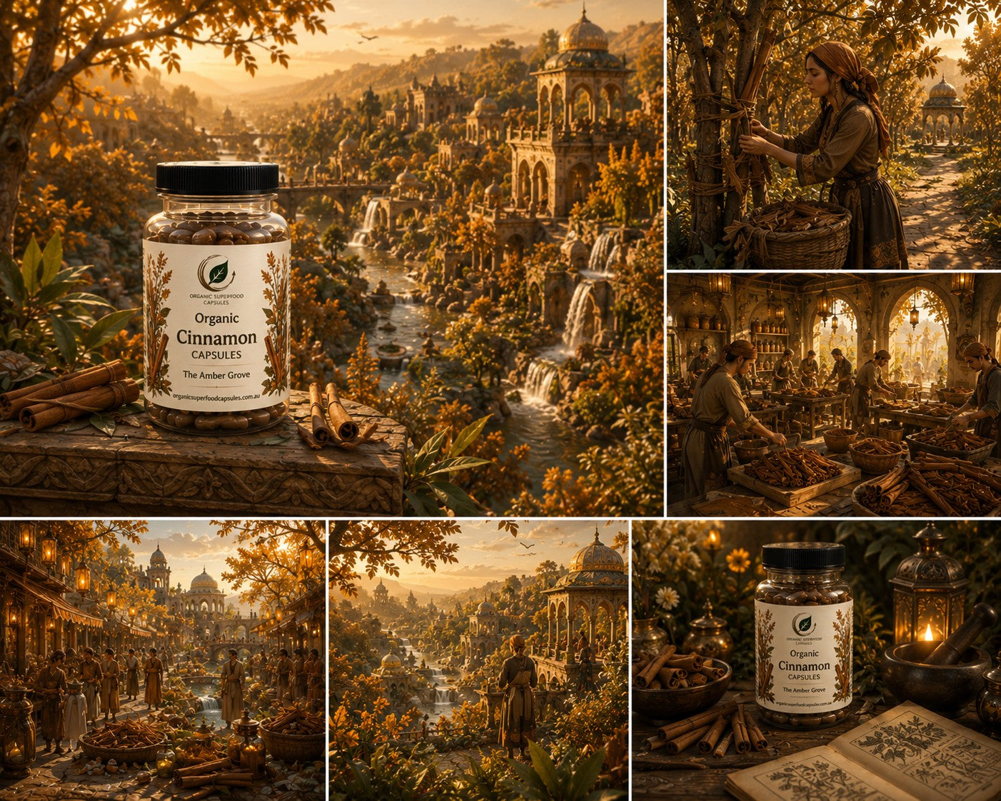 A collage of six warm-toned scenes featuring a jar labeled Organic Cinnamon Syrup placed in an outdoor garden and market setting, with people handling cinnamon sticks and baskets. The product jar is the only clear sellable item, while the rest of the image uses atmospheric lifestyle photography to suggest natural ingredients and use.