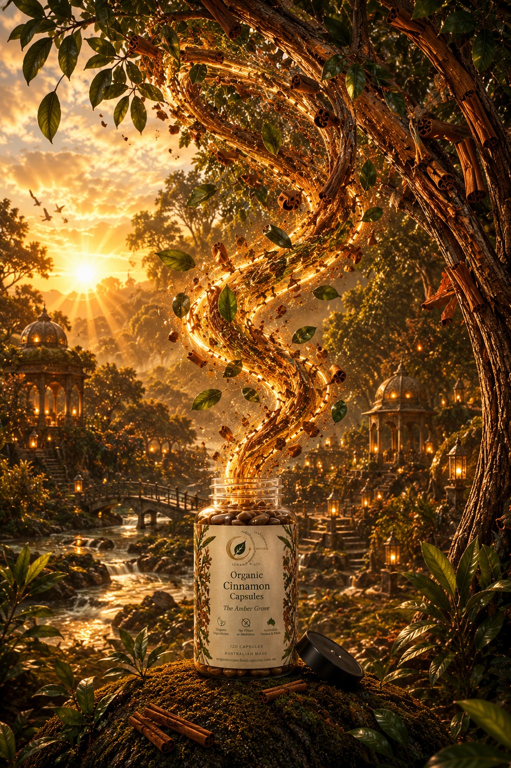 A jar of Organic Christmas Candle Co. natural holiday scent capsules sits on a mossy log in a glowing fantasy forest at sunset, with a luminous tree-like form rising from the jar and warm lights throughout the scene.
