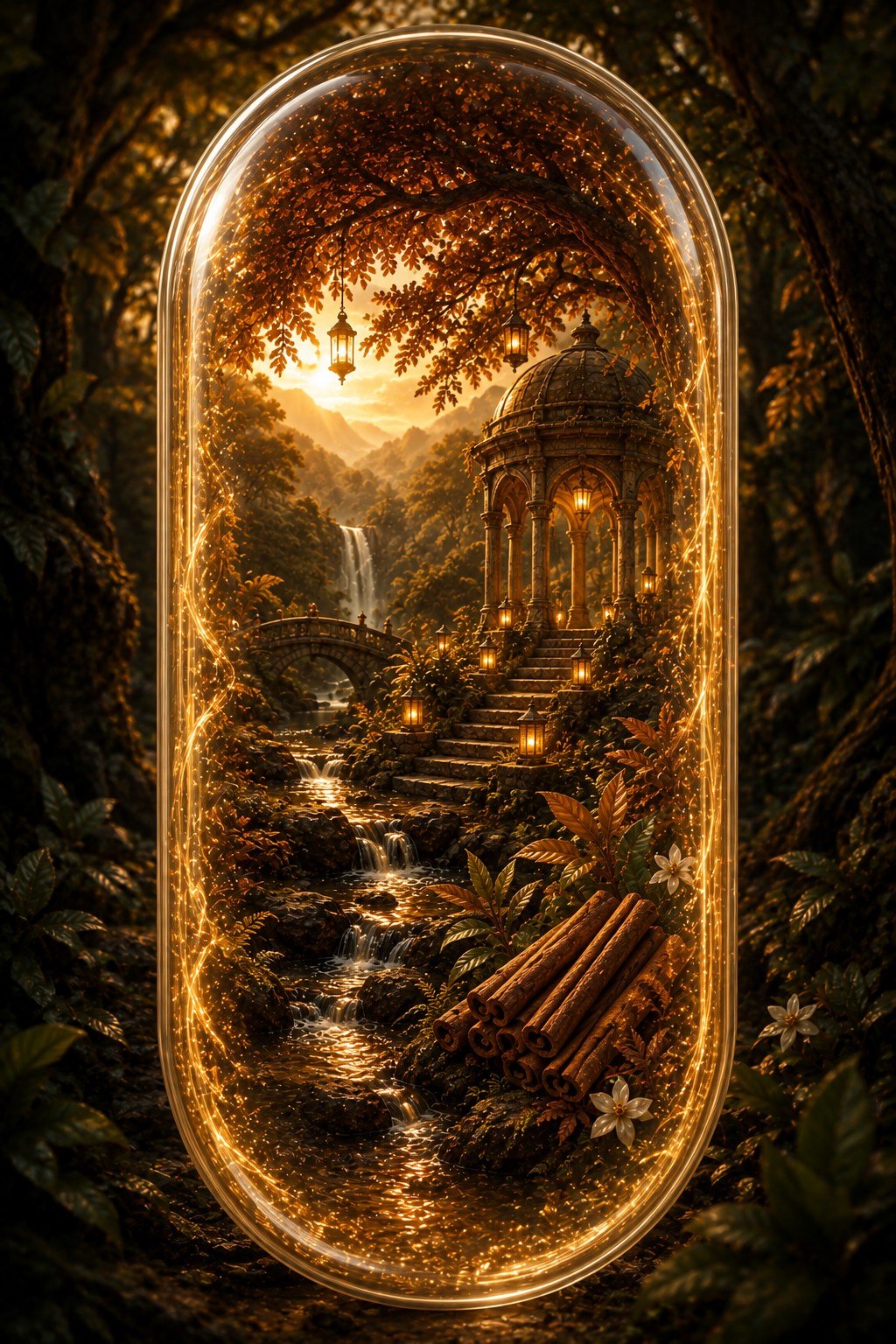 An oval glass terrarium or dome display set in a dark forest, containing a miniature fantasy landscape with a waterfall, stone bridge, steps, glowing lanterns, and a gazebo.