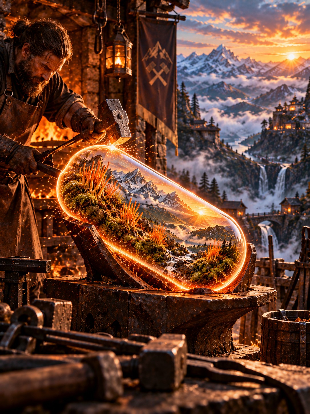 A bearded craftsman at an anvil shapes a glowing glass dome containing a miniature mountain landscape with forests, waterfalls, and a sunset sky. A large fantasy mountain scene fills the background behind the workbench.