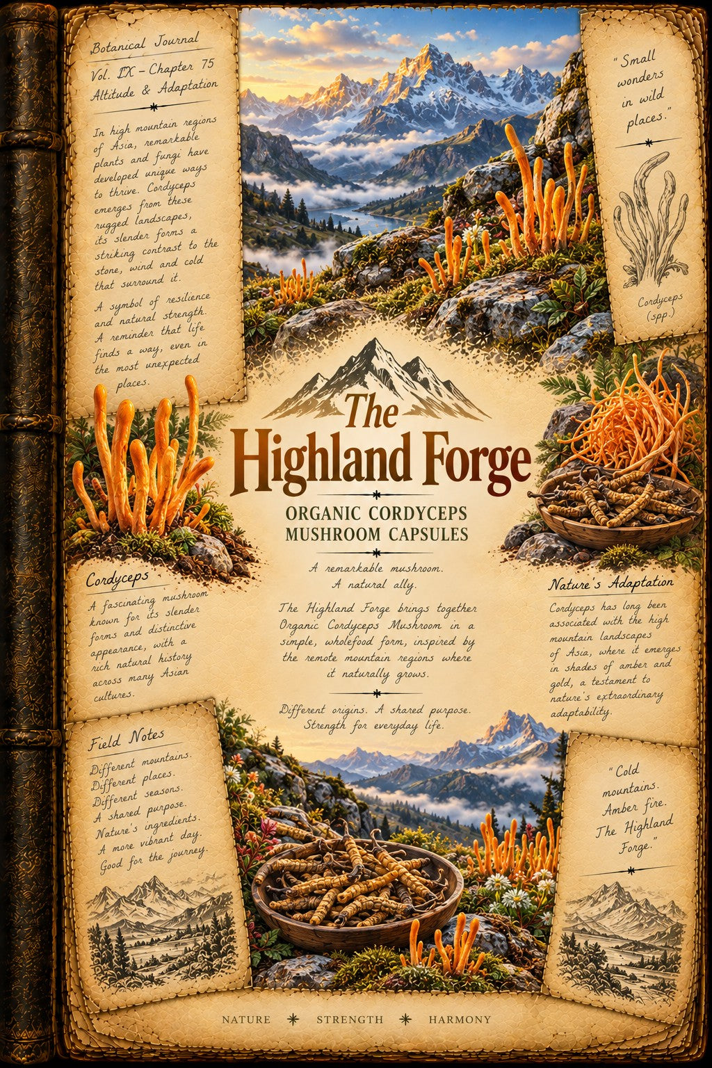 A vintage-style illustrated book or journal cover titled "The Highland Forge" with mountain landscapes, mushroom illustrations, handwritten notes, and rustic wood textures. The central title reads "The Highland Forge Organic Cordyceps Mushroom Capsules.