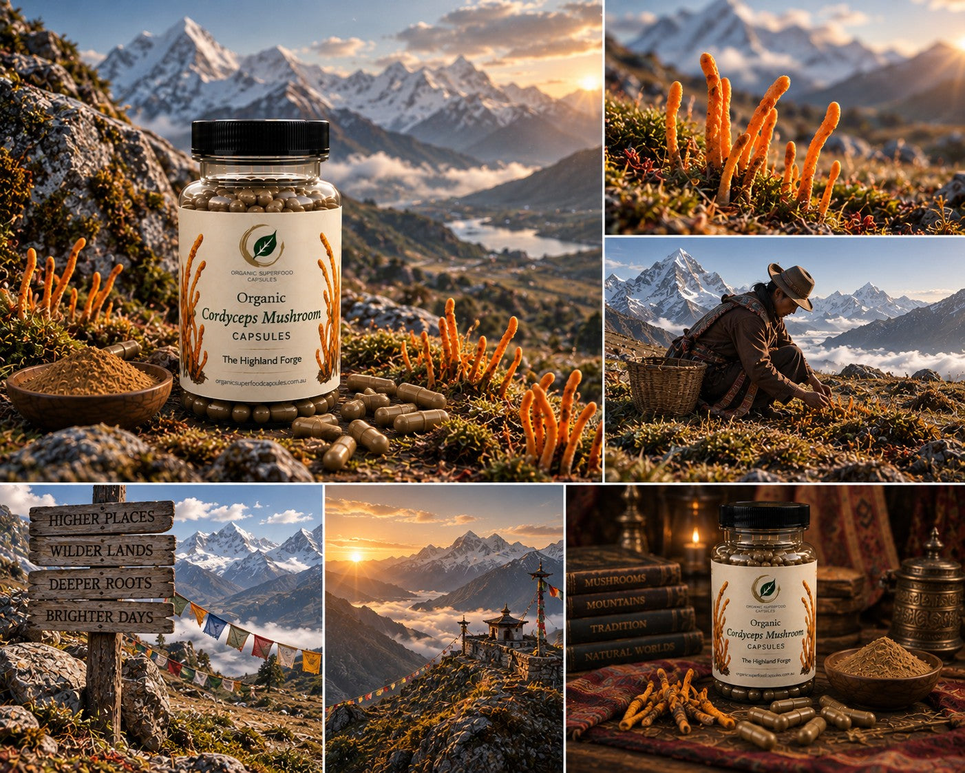 A collage of six scenic photos featuring a bottle of Organic Shiitake Mushroom Capsules by The Highland Forge, surrounded by mountain landscapes, wild mushrooms, and a mountain guide harvesting mushrooms in the wild.