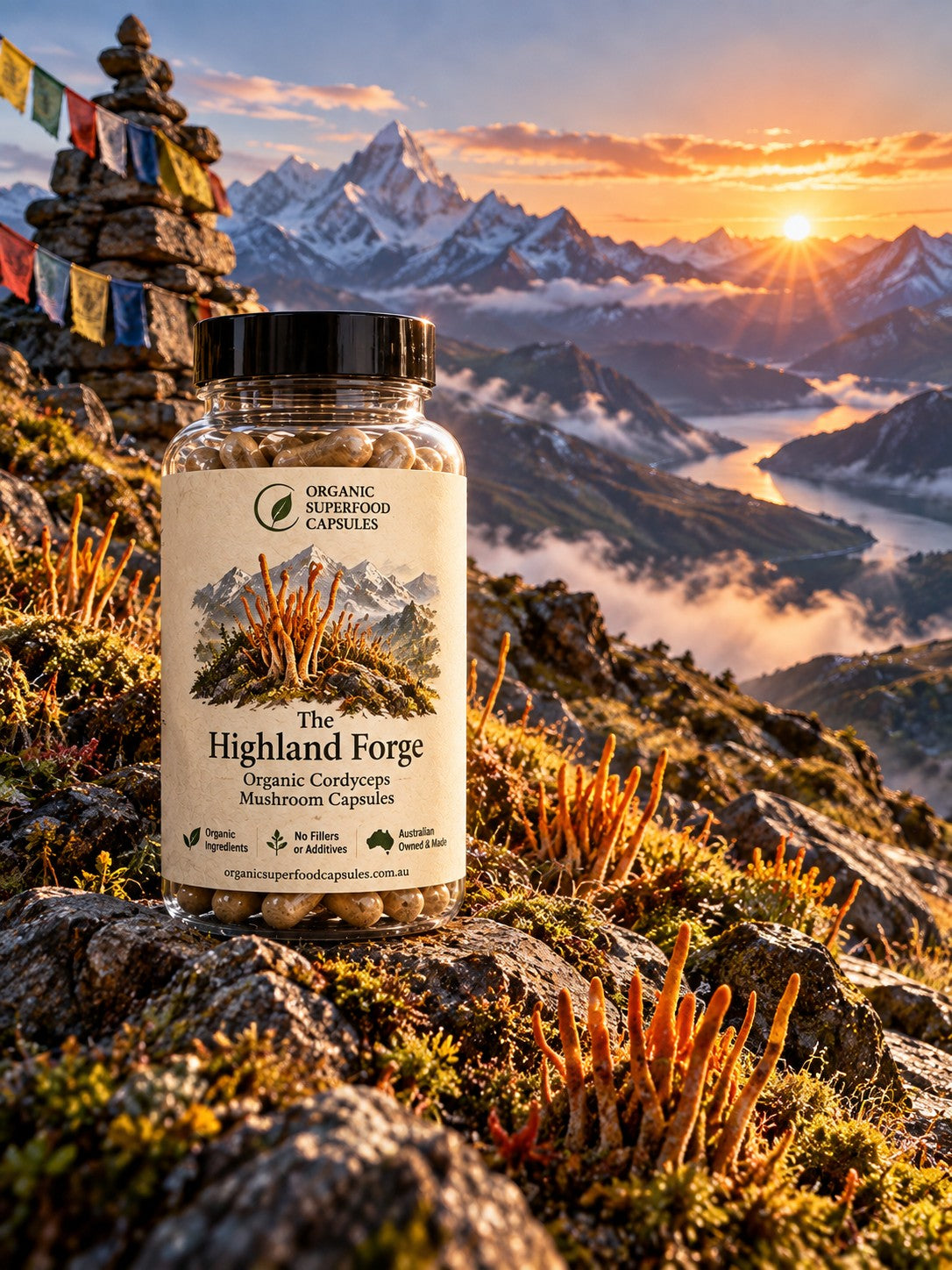 A bottle of The Highland Forge Organic Cordyceps Mushroom Capsules stands on a rocky mountain ridge with a dramatic mountain landscape, snow-capped peaks, and a sunrise in the background.