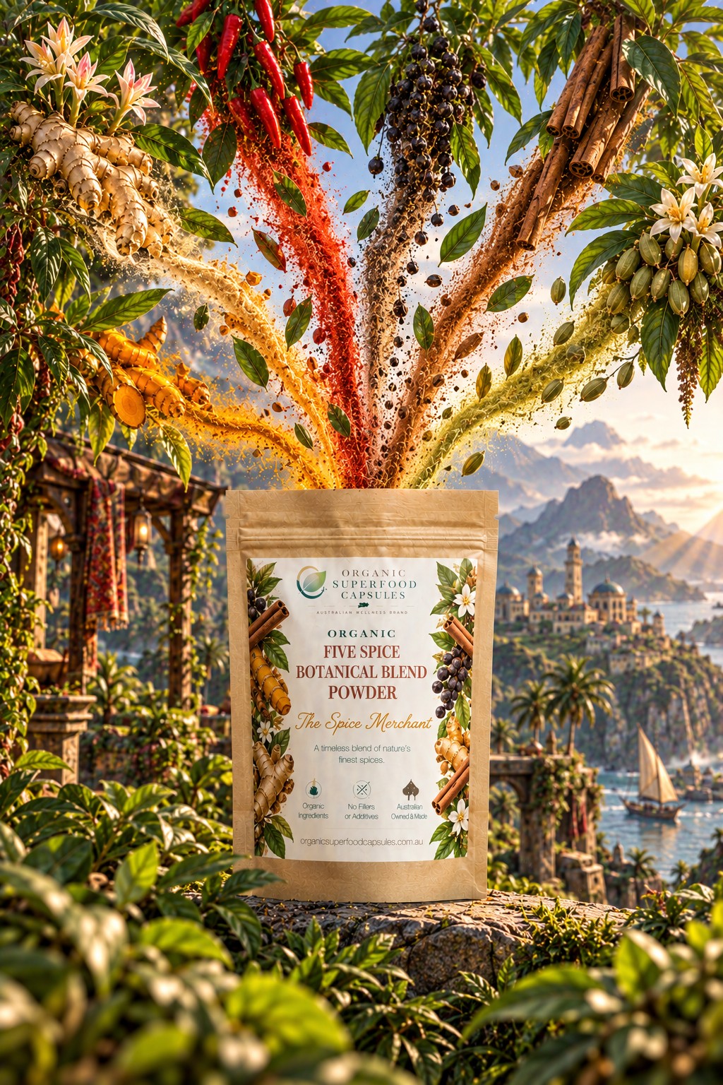 A stand-up pouch of Organic Superfoods Spice Blend Powder is shown in a lush outdoor scene with spices and herbs bursting out of the top, set against a scenic coastal landscape background.