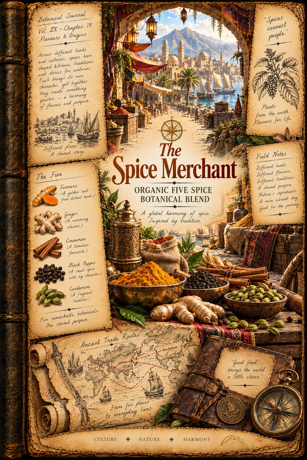 A decorative spice merchant themed sign or wall art featuring an illustrated coastal port scene with bowls of spices, a map, handwritten notes, and the text 'The Spice Merchant' and 'Organic Five Spice Botanical Blend.'.