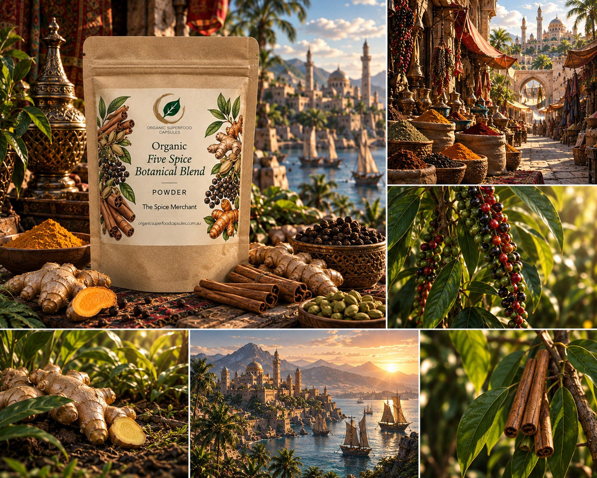 A composite product listing image featuring a stand-up pouch labeled 'Organic Five Spice Botanical Blend Powder' surrounded by spices, ginger, cinnamon, and a scenic coastal city scene with ships and minarets.