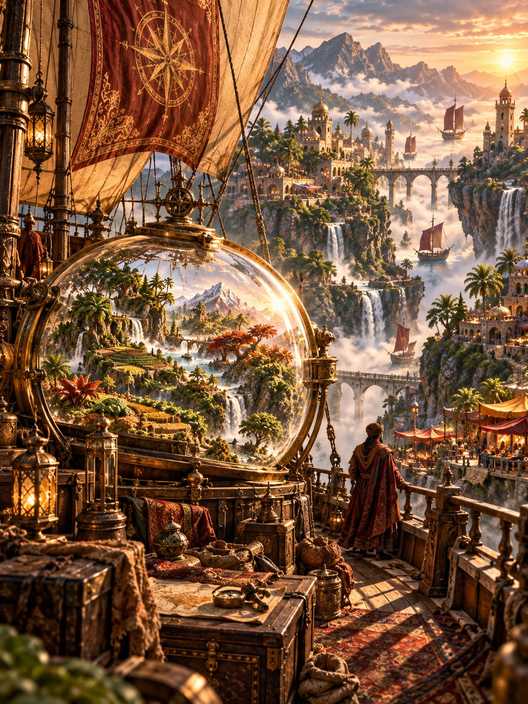 Fantasy artwork of a grand ship deck overlooking a lush mountain city with waterfalls, bridges, and sailing vessels under a glowing sunset sky. A large glass orb and ornate rigging frame the foreground, with a robed figure standing on the deck.