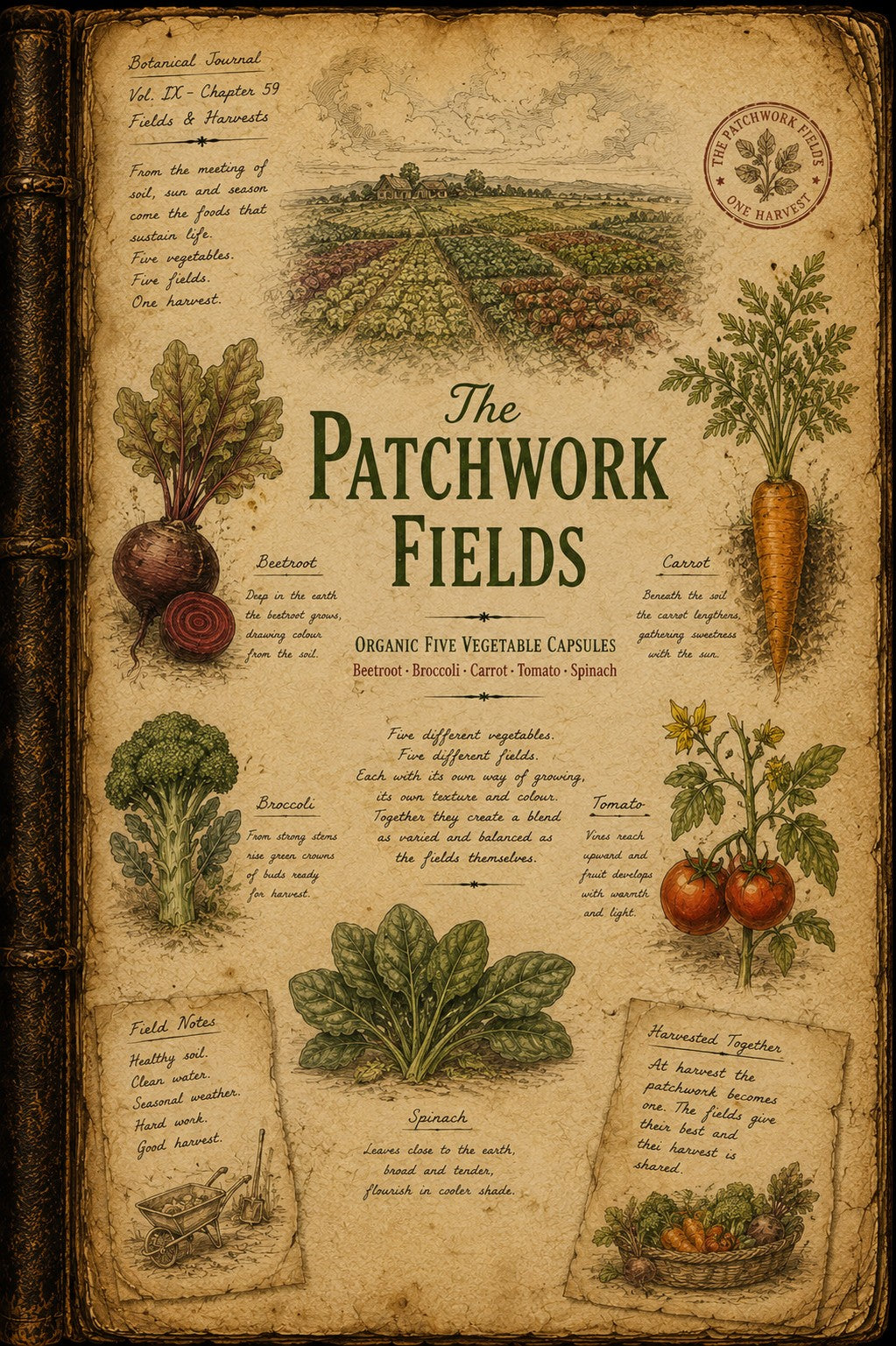 Vintage-style illustrated poster titled "The Patchwork Fields" with aged parchment background, botanical vegetable drawings, handwritten notes, and decorative border elements.