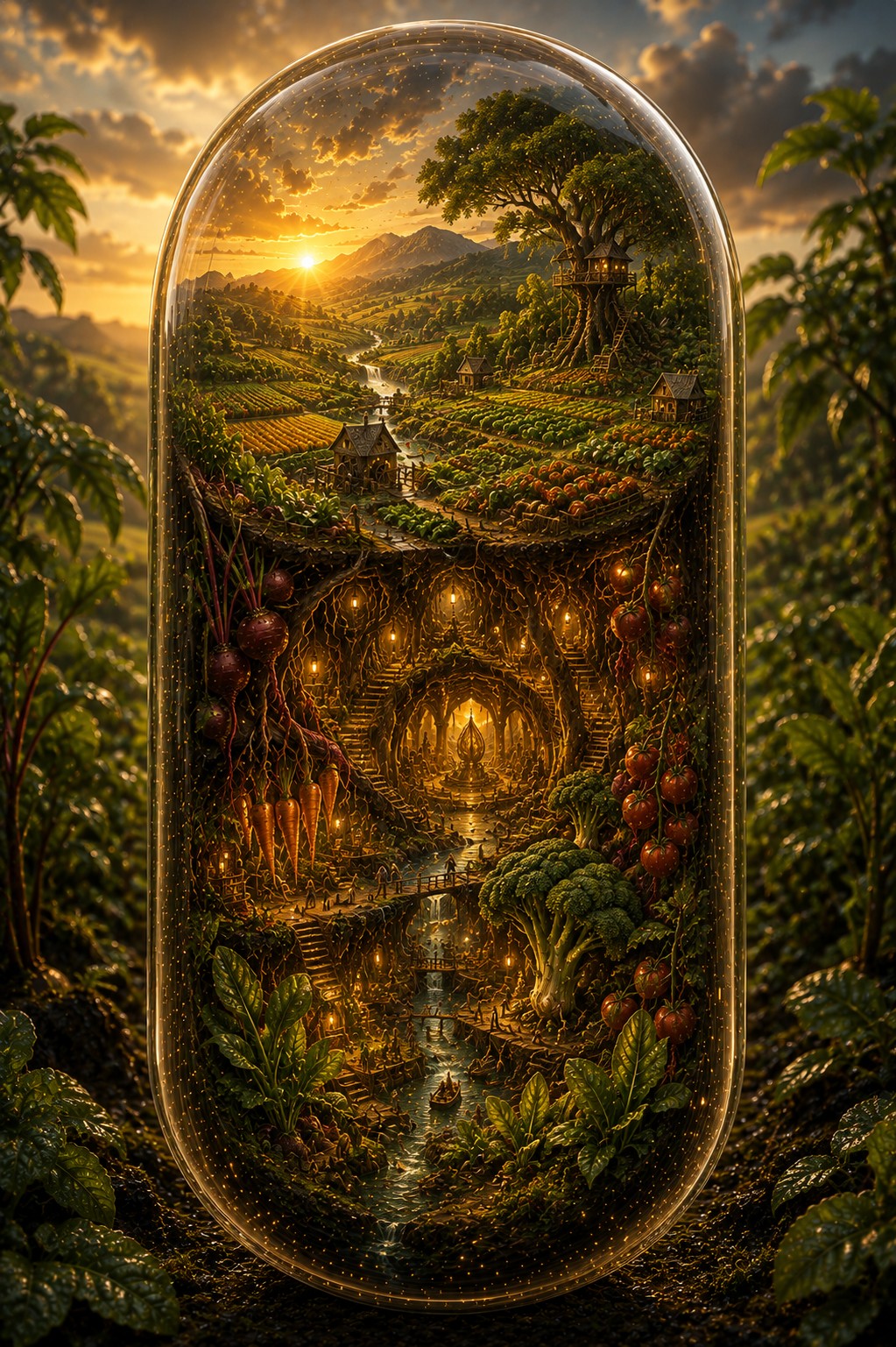An arched, glass-like display case or frame holding a detailed fantasy landscape scene with a river, trees, mountains, glowing lights, and warm sunset tones, set against a lush jungle background.