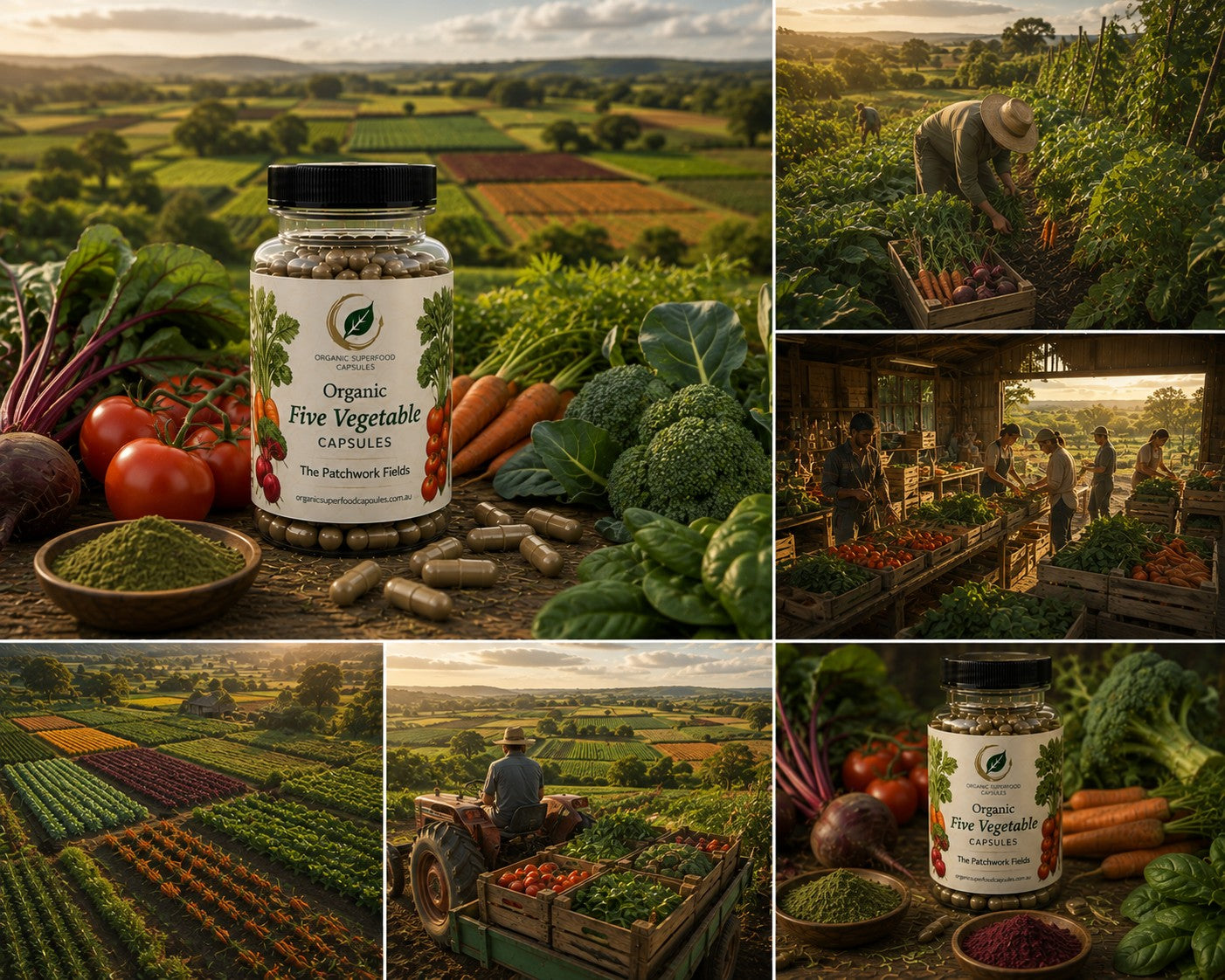 A collage of six panels featuring a bottle of Organic Five Vegetable Capsules surrounded by fresh vegetables, with outdoor farm scenes and people harvesting vegetables in the background.