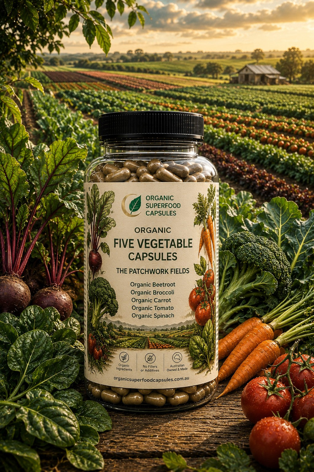 A jar of Organic Five Vegetable Capsules stands on a rustic wooden surface surrounded by fresh vegetables, with a farm field in the background. The jar label reads 'ORGANIC SUPERFOOD CAPSULES' and lists five vegetables: Organic Beetroot, Organic Broccoli, Organic Carrots, Organic Tomato, and Organic Spinach.