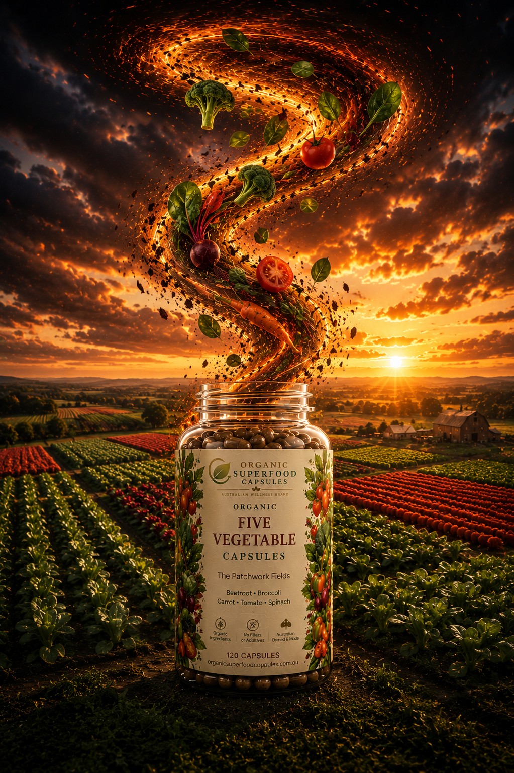 A clear jar of Organic Five Vegetable Capsules stands in a field at sunset, with a dramatic swirling column of vegetables and smoke rising into a stormy sky. The label reads Organic Superfood Academy and Organic Five Vegetable Capsules.
