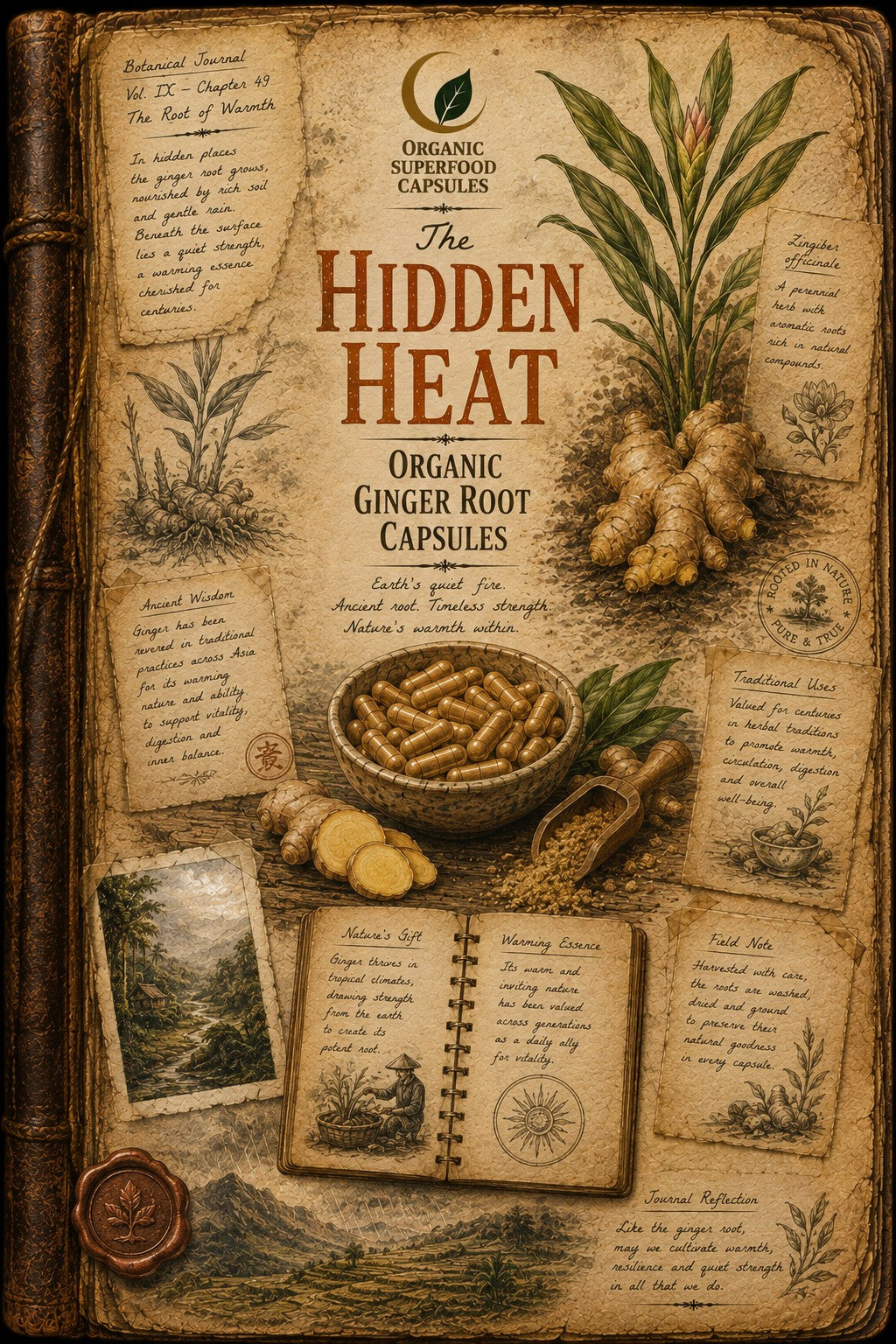 Vintage-style illustrated book cover for 'The Hidden Heat: Organic Ginger Root Capsules,' showing ginger roots, capsules in a bowl, handwritten notes, and botanical drawings on an aged parchment background.