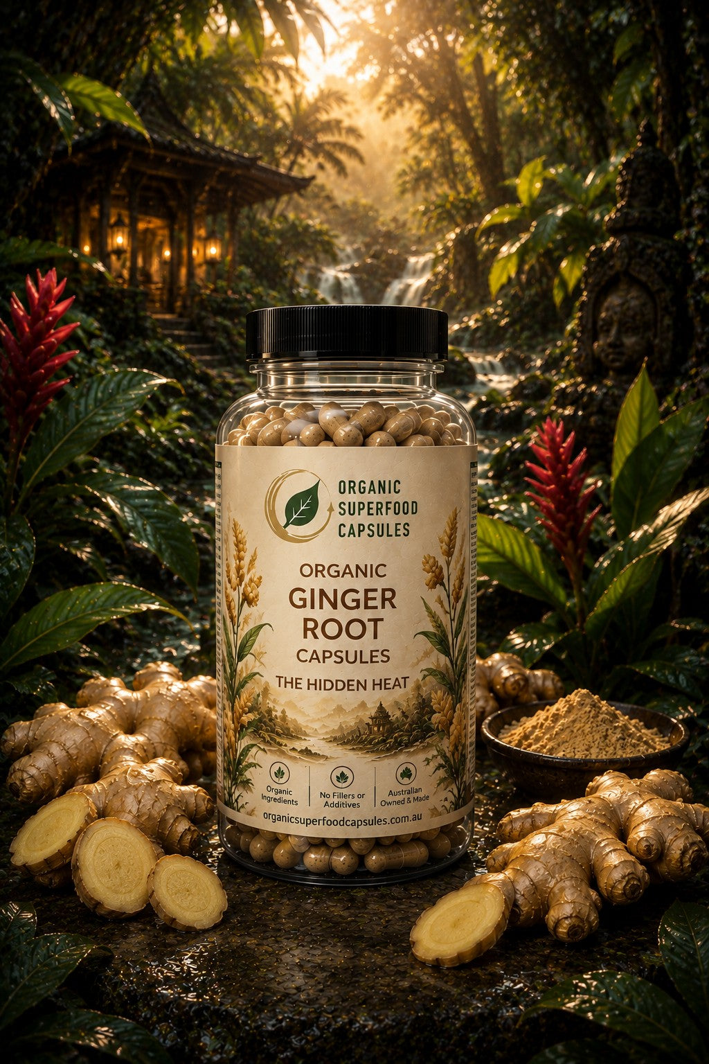 A bottle of Organic Superfood Capsules Organic Ginger Root Capsules stands on a stone surface surrounded by fresh ginger roots, sliced ginger, and a small bowl of powder, with a lush tropical forest background and a waterfall behind it.