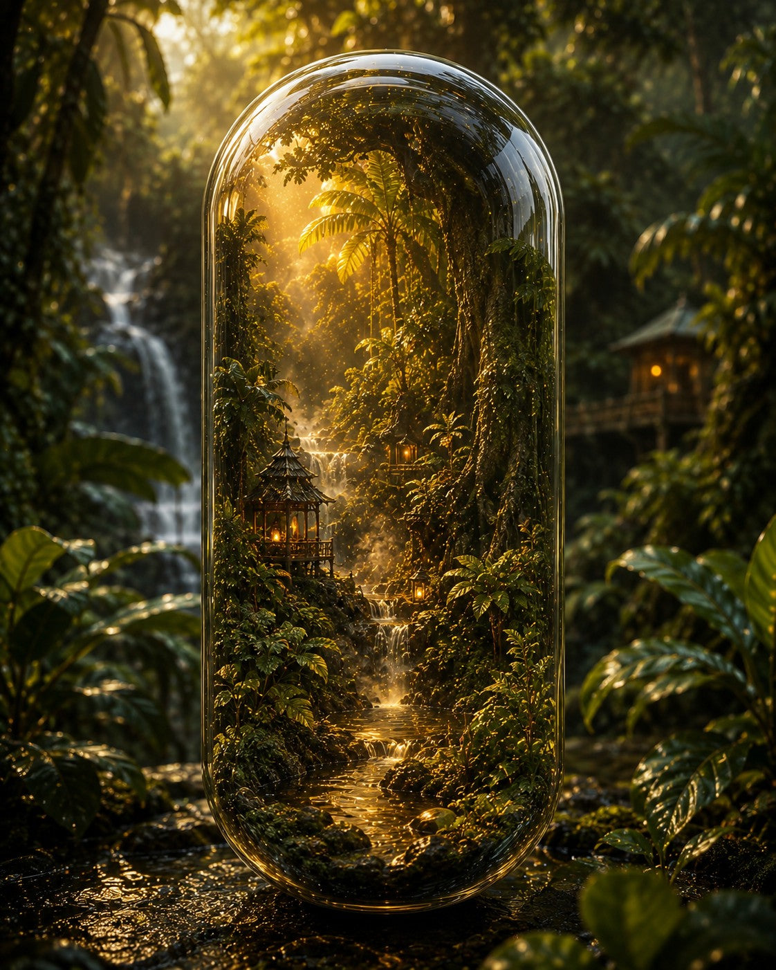 A tall, rounded glass terrarium or capsule stands in a lush tropical forest, containing a miniature jungle scene with ferns, a waterfall, a stream, and small glowing lanterns.