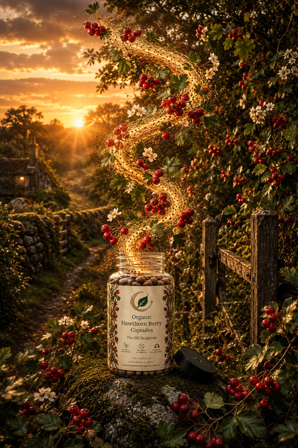 A jar of Organic Bramble Berry Capsules sits on a mossy stone outdoors at sunset, surrounded by dense bramble bushes with red berries and white flowers. A glowing spiral of golden light curls upward through the berries, and the jar label is clearly visible.