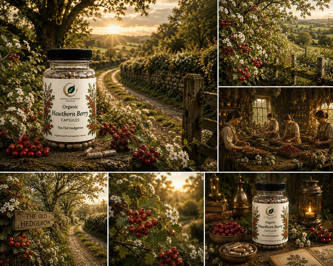 A collage of six warm-toned lifestyle scenes featuring a jar of Organic Hawsethorn Berry Capsules from 'The Old Hedgerow' placed in a rural English landscape with hedgerows, stone paths, and people harvesting berries.