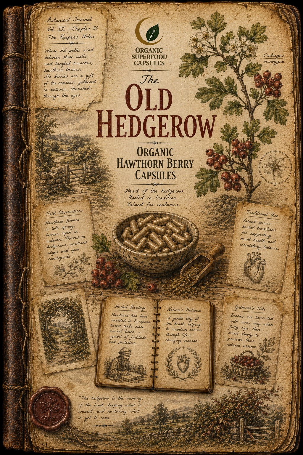 The Old Hedgerow Organic Superfood Capsules book, featuring a vintage-style illustrated cover with botanical illustrations of hawthorn, handwritten notes, a bowl of capsules, and a wax seal.